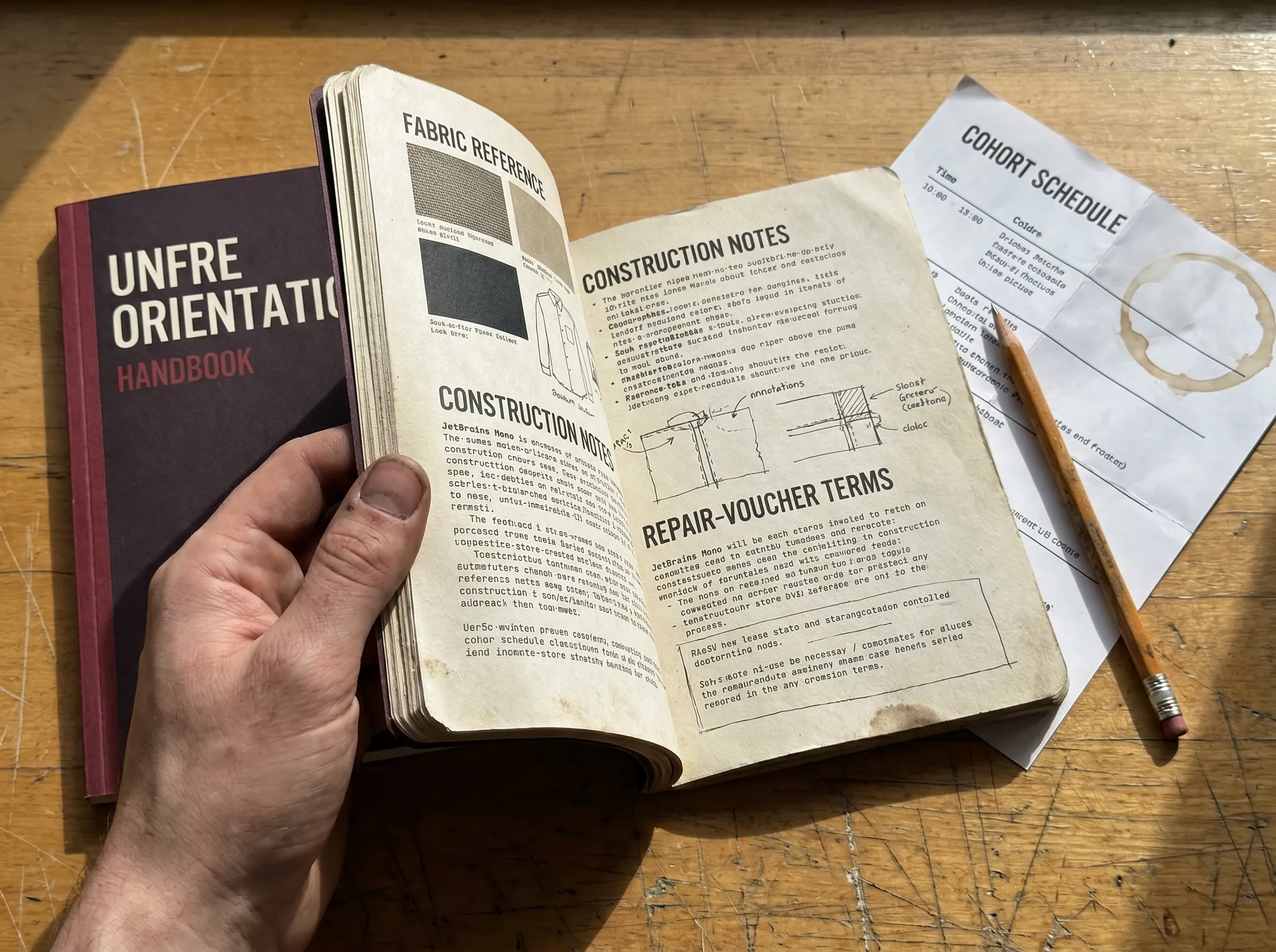 Unfre Orientation Handbook (Apprenticeship & Trade-School Apparel Programs) — The printed working-orientation handbook for incoming apprentices — fabric reference, working construction notes, repair-voucher terms.