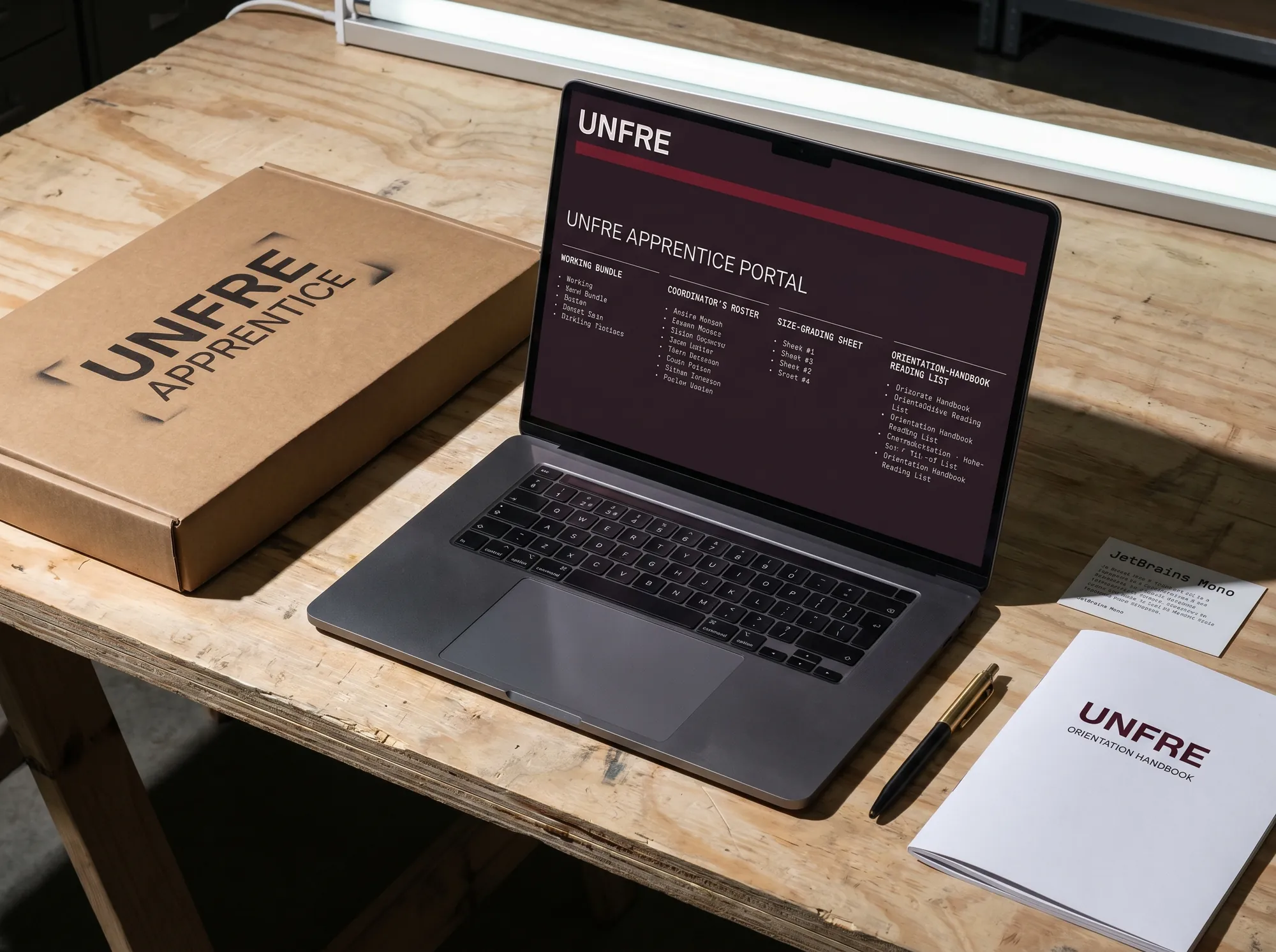 Unfre Apprentice Portal (Apprenticeship & Trade-School Apparel Programs) — A digital cohort dashboard — apprentice's bundle, program coordinator's roster, size-grading sheet, orientation reading list.