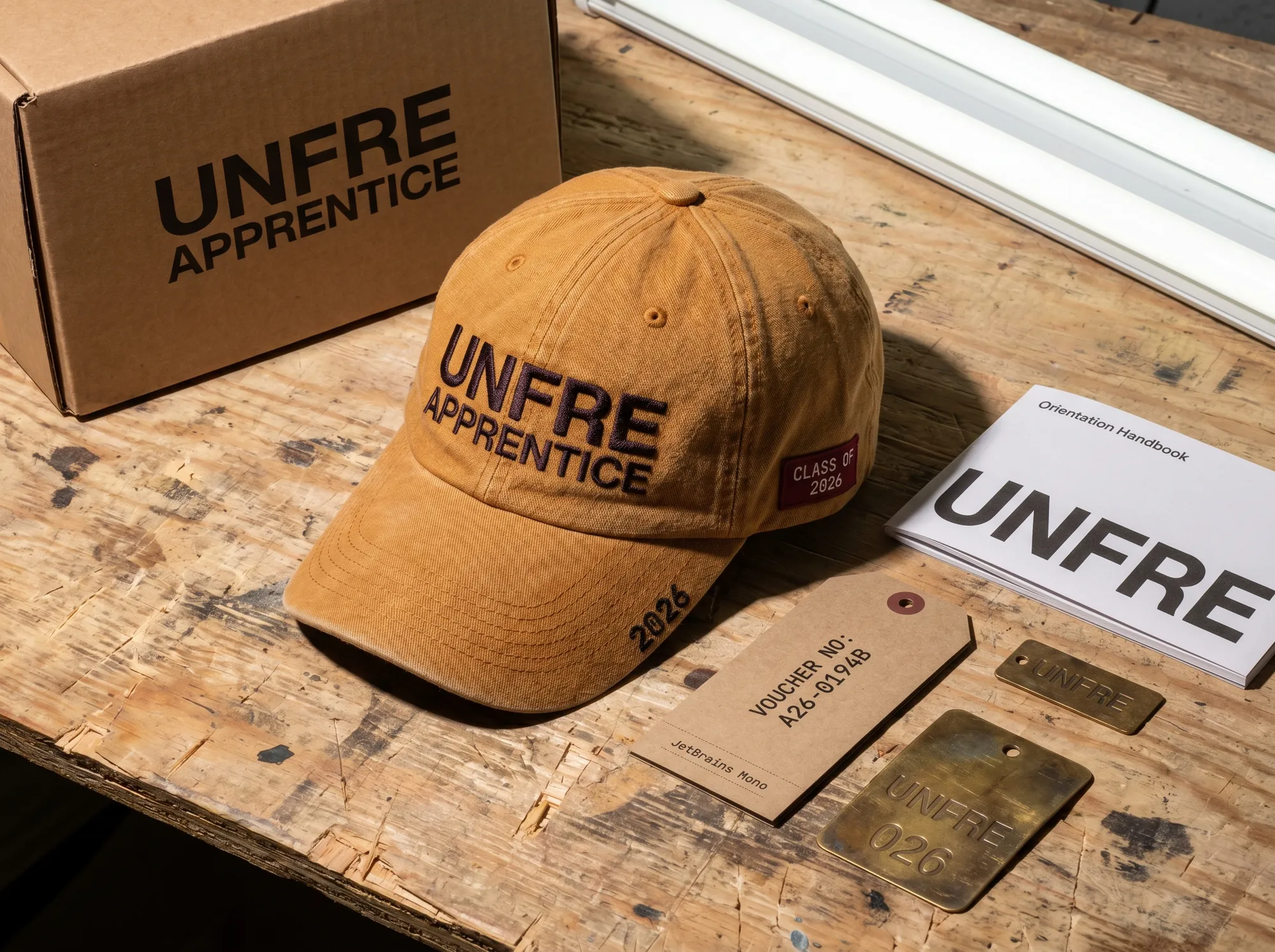 Unfre Apprentice Cap (Apprenticeship & Trade-School Apparel Programs) — A working-amber cotton-canvas cohort cap — UNFRE APPRENTICE embroidered in deep charcoal, cohort year on the back-strap, class-of-year side-tag.