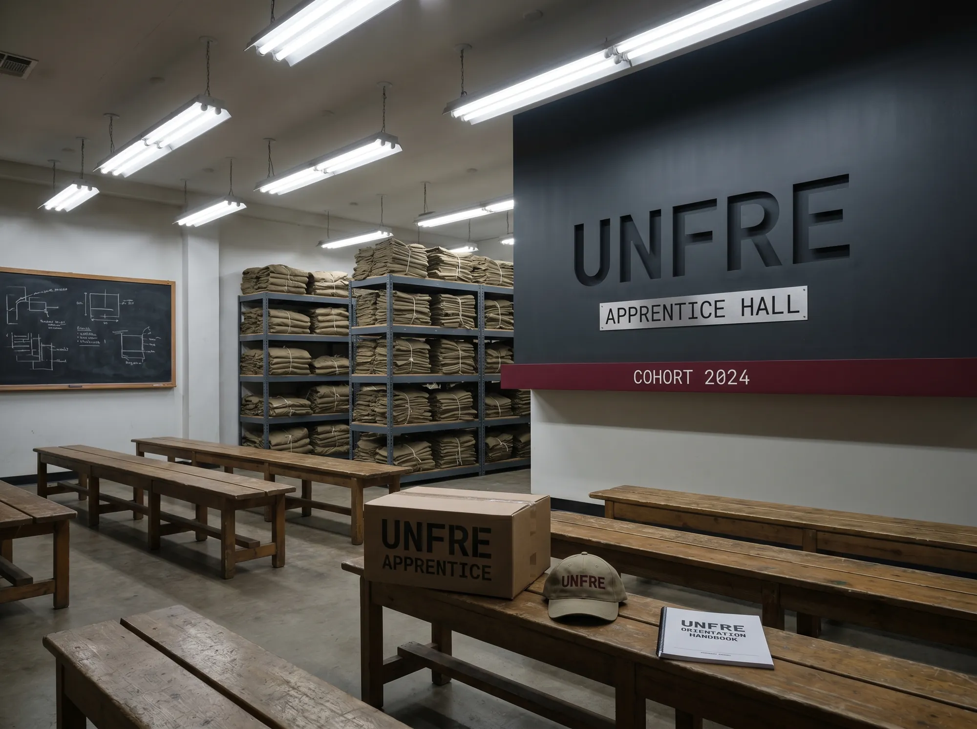Unfre Apprentice Hall (Apprenticeship & Trade-School Apparel Programs) — The trade-school uniform-issue hall signage — cut painted-MDF wordmark above the issue station, working benches and steel shelving along the room.