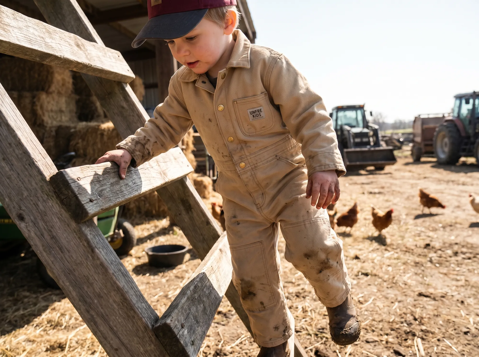Unfre Kids Coverall (Children's Built-To-Last Apparel) — A children's working coverall in heavyweight cotton canvas with reinforced knees, generous hem-and-cuff grading, and a hand-down repair voucher.