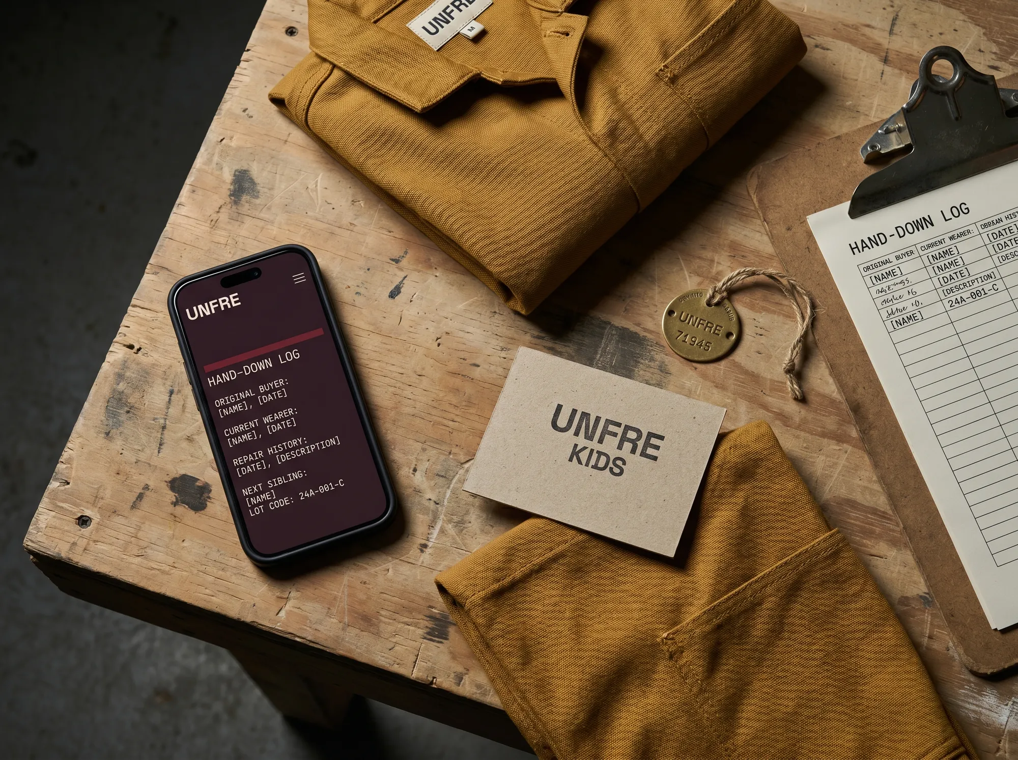 Unfre Kids Hand-Down (Children's Built-To-Last Apparel) — A digital hand-down portal — original buyer, current wearer, repair history, and the next sibling on the log.