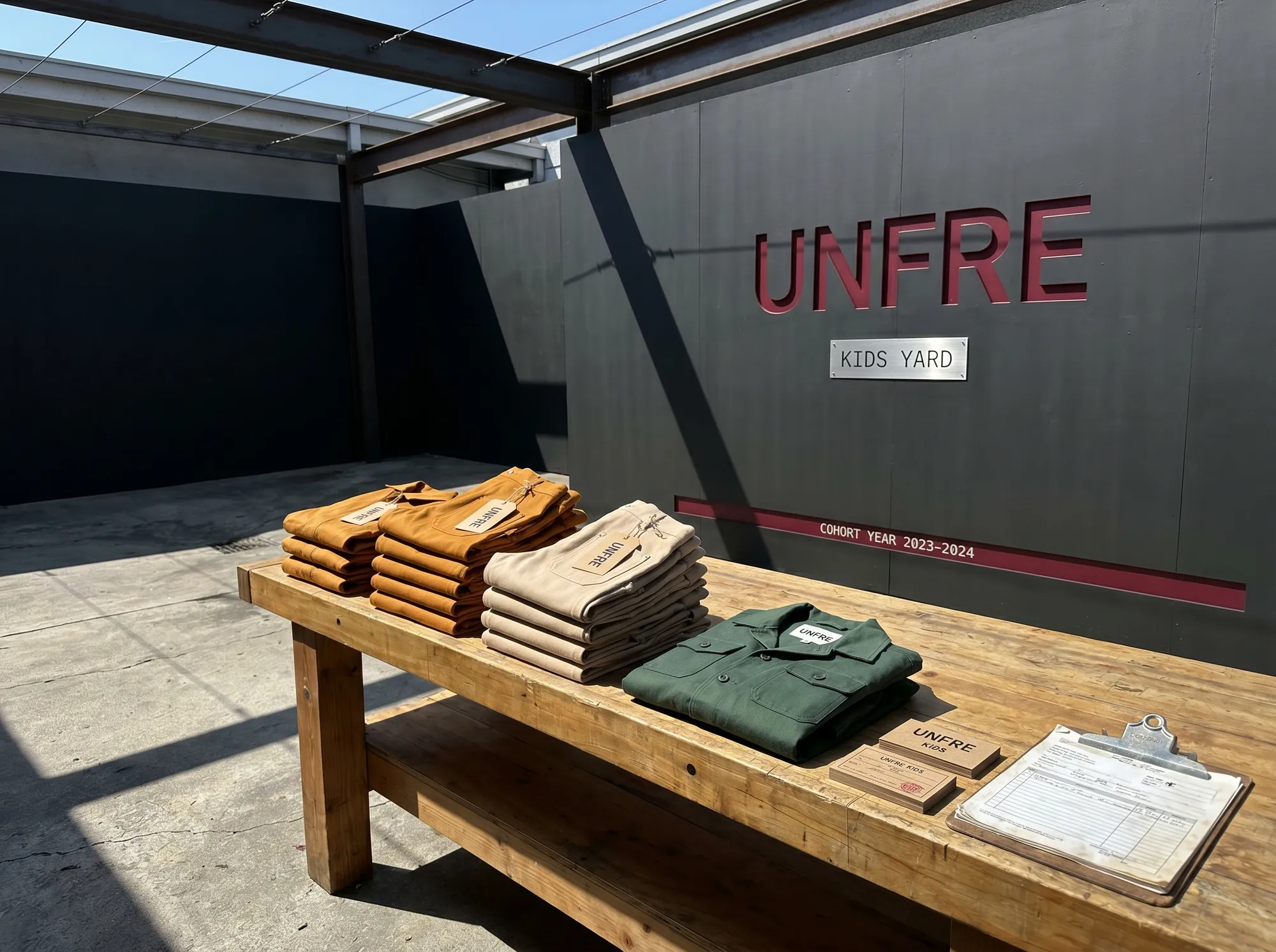 Unfre Kids Yard (Children's Built-To-Last Apparel) — The trade-school courtyard uniform-distribution signage — cut painted-MDF wordmark above the issue bench, working amber stacks for incoming cohorts.