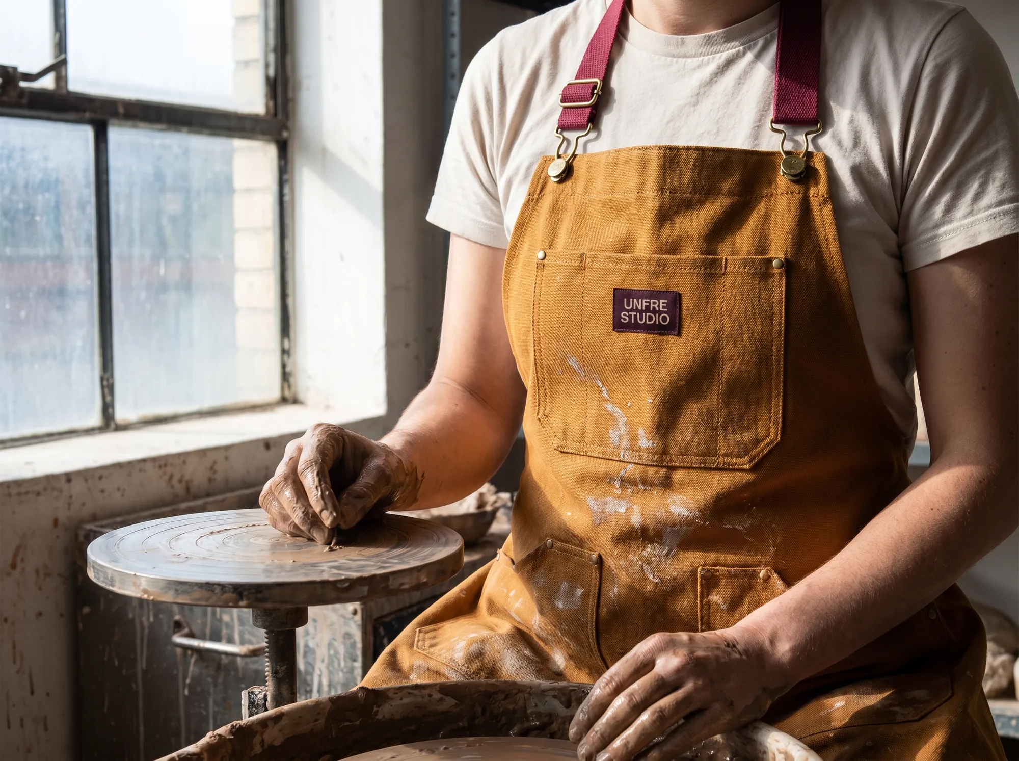 Unfre Studio Apron (Studio & Creative Working Apparel) — A heavyweight cotton-canvas working studio apron with bartacked pockets, replaceable neck strap, and the repair voucher.