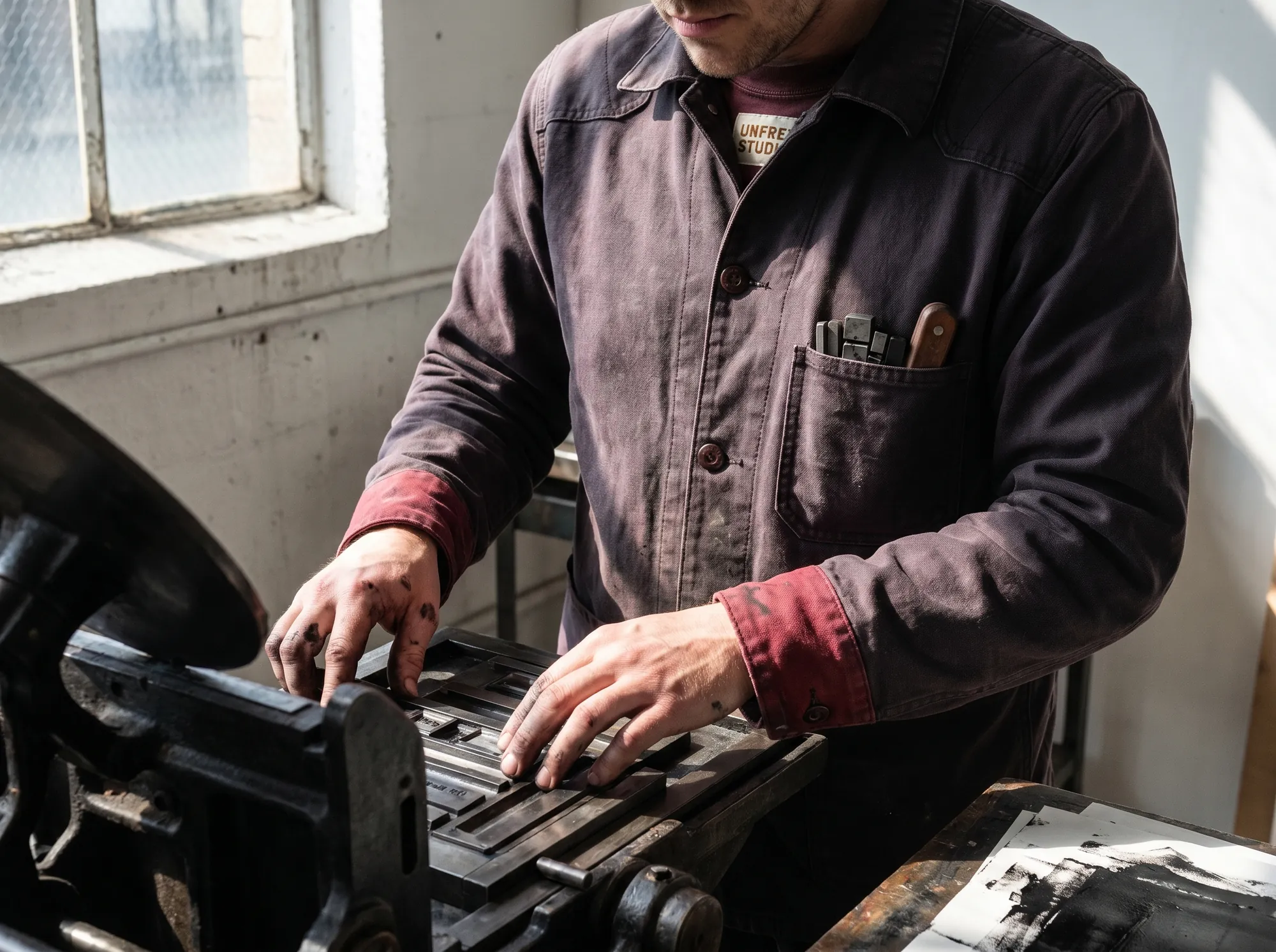 Unfre Letterpress Coat (Studio & Creative Working Apparel) — A working shop coat with replaceable cuffs, reinforced shoulder seams, and pocket placement specified for letterpress and ink work.
