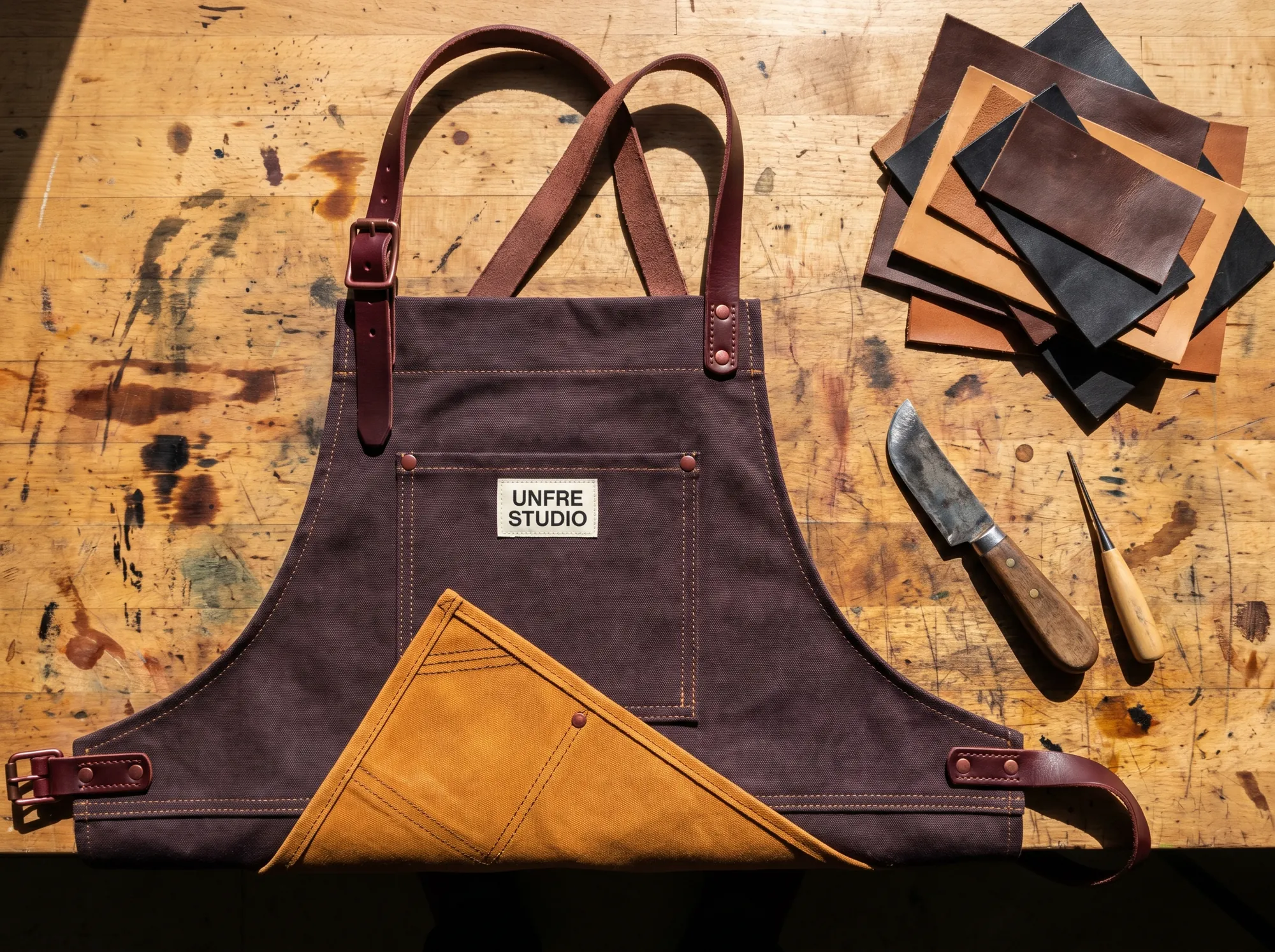Unfre Leather Apron (Studio & Creative Working Apparel) — A heavyweight leather-and-canvas working apron with reinforced corners, bartacked seams, and replaceable hardware.