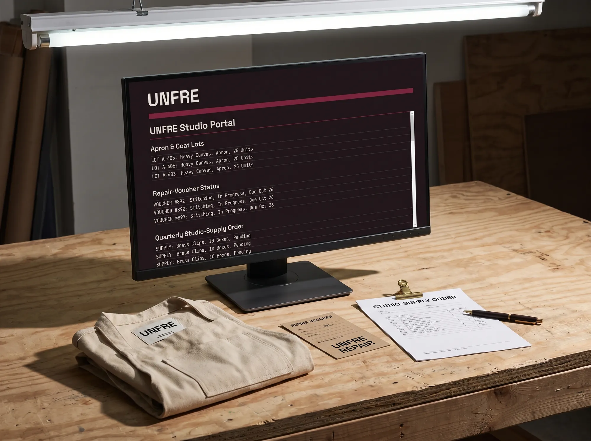 Unfre Studio Portal (Studio & Creative Working Apparel) — A digital studio orders-and-repairs dashboard — apron and coat lot codes, repair-voucher status, quarterly studio-supply order.