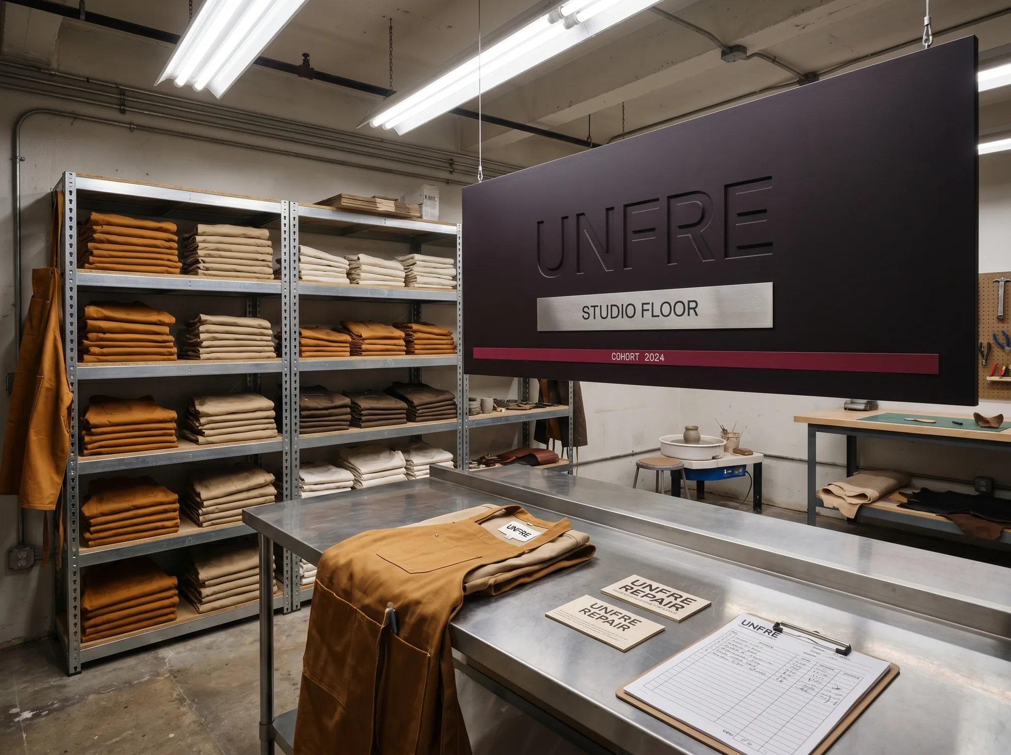 Unfre Studio Floor (Studio & Creative Working Apparel) — The working ceramics-and-leather studio uniform-issue station signage — cut painted-MDF wordmark above the stainless intake, steel shelving stacks behind.
