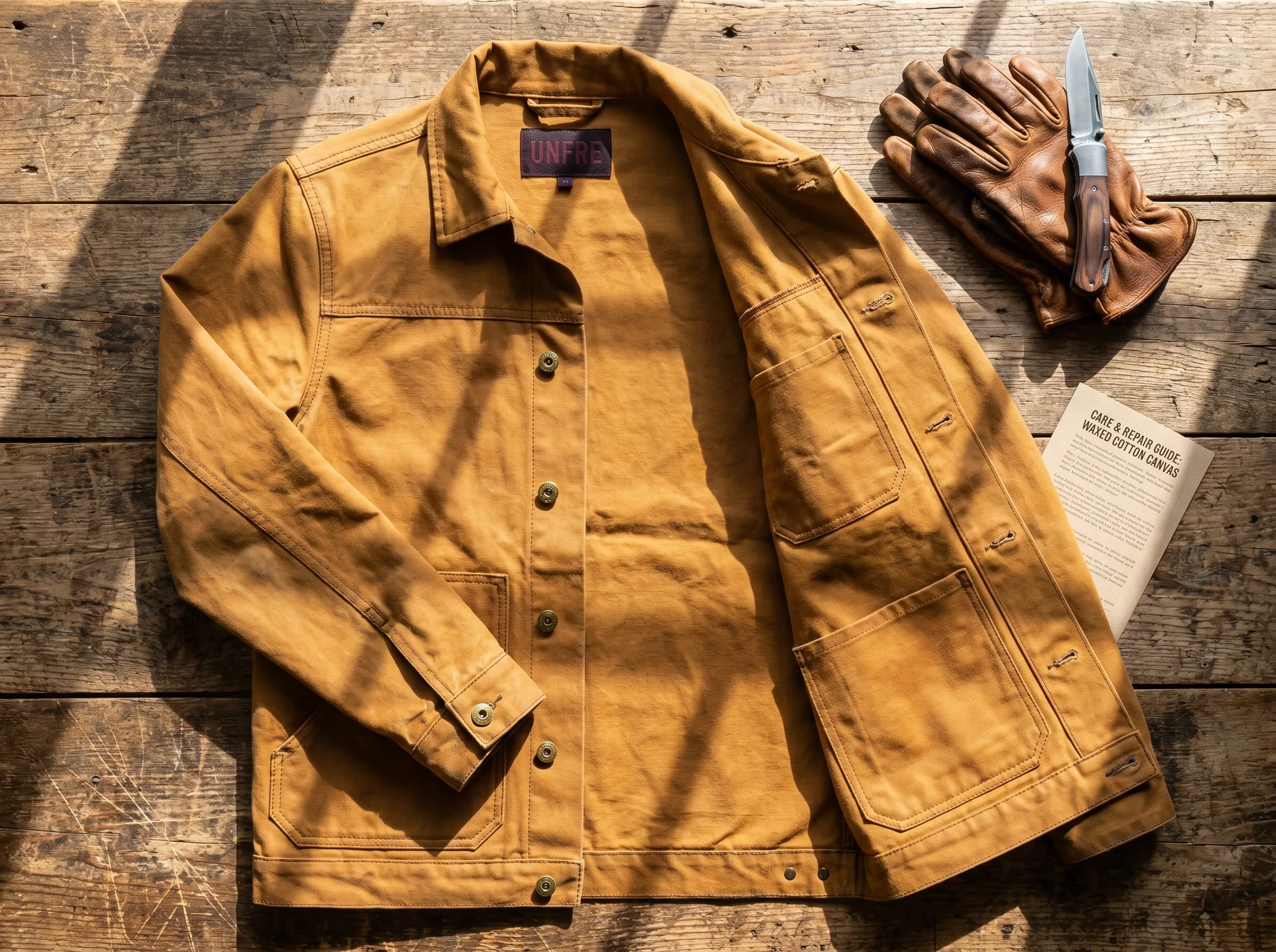 Unfre Field Jacket (Field) — A working field jacket in heavyweight cotton canvas with internal hand-tool pockets, double-needle seams, and a repair voucher.