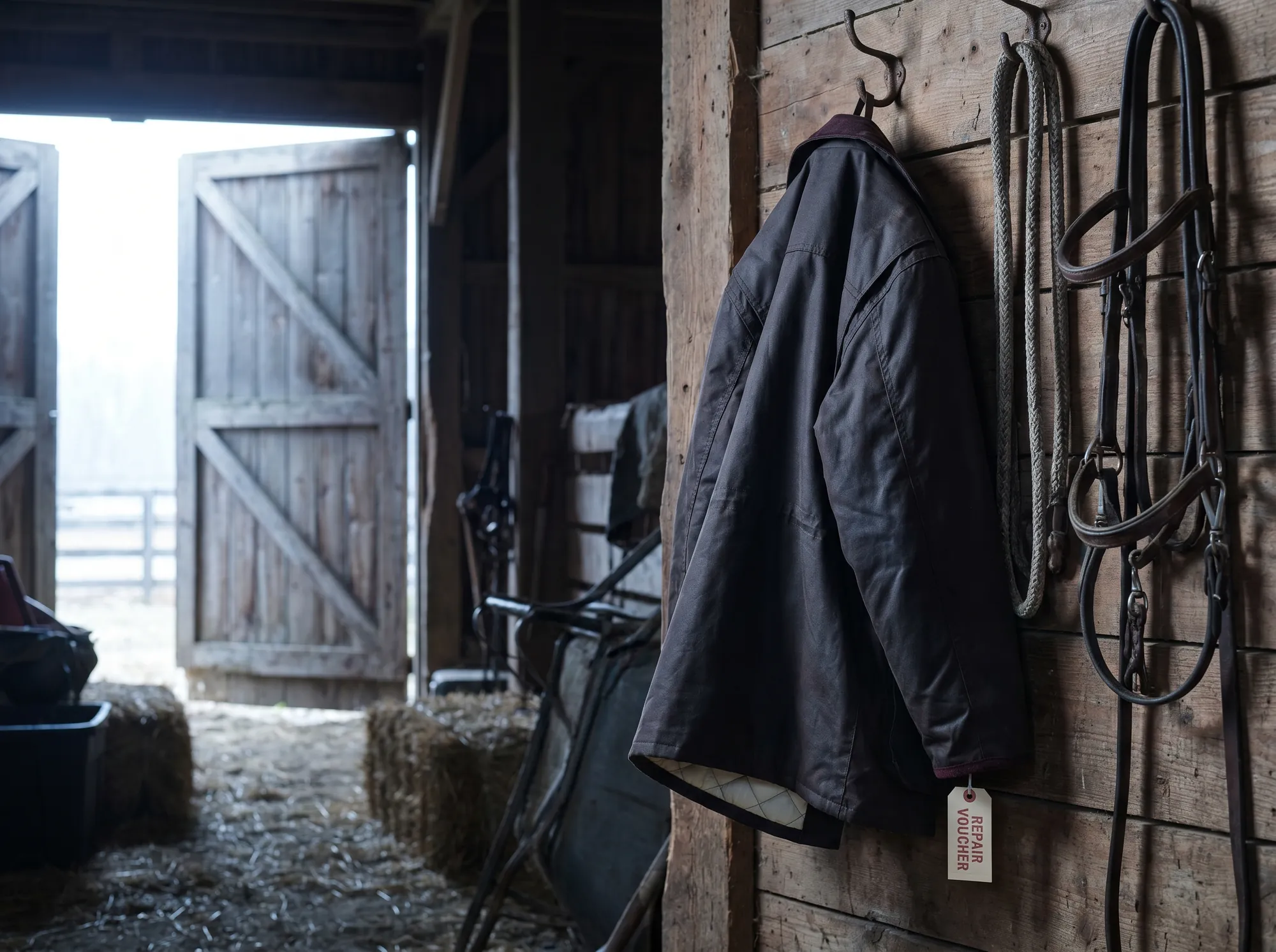Unfre Barn Coat (Field) — A heavy waxed-cotton barn coat with reinforced shoulder seams, replaceable inner liner, and a lifetime repair voucher.