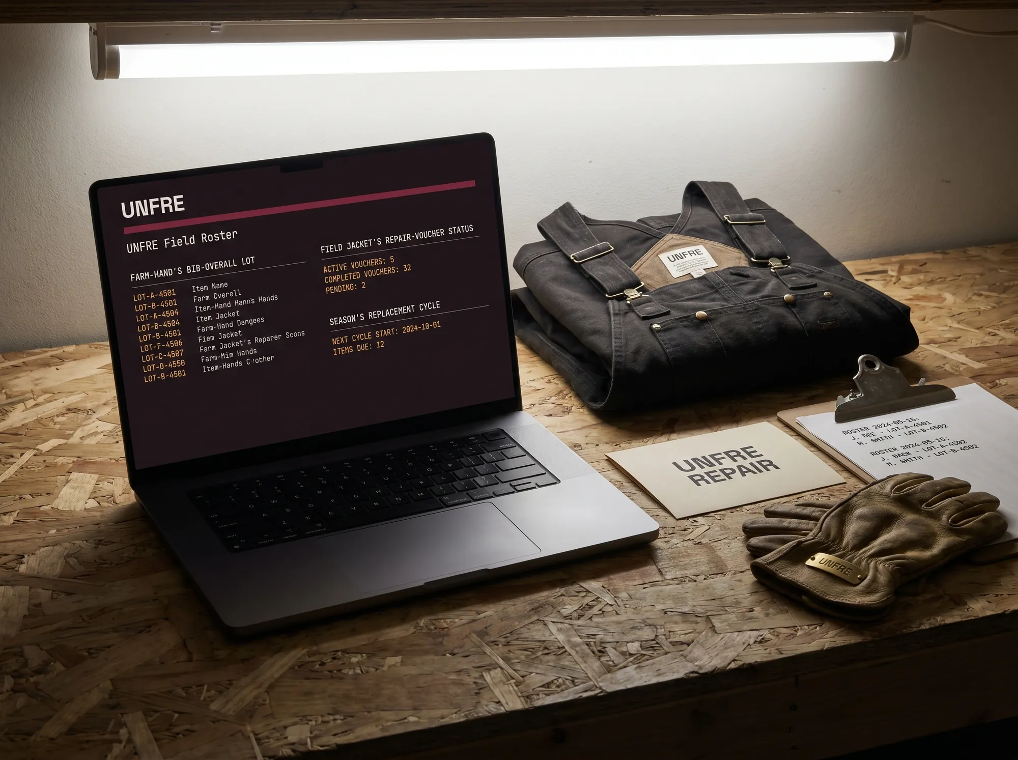 Unfre Field Roster (Digital) — A digital farm-uniform portal — bib-overall lots, field-jacket repair status, season replacement cycle, used at the farm office.