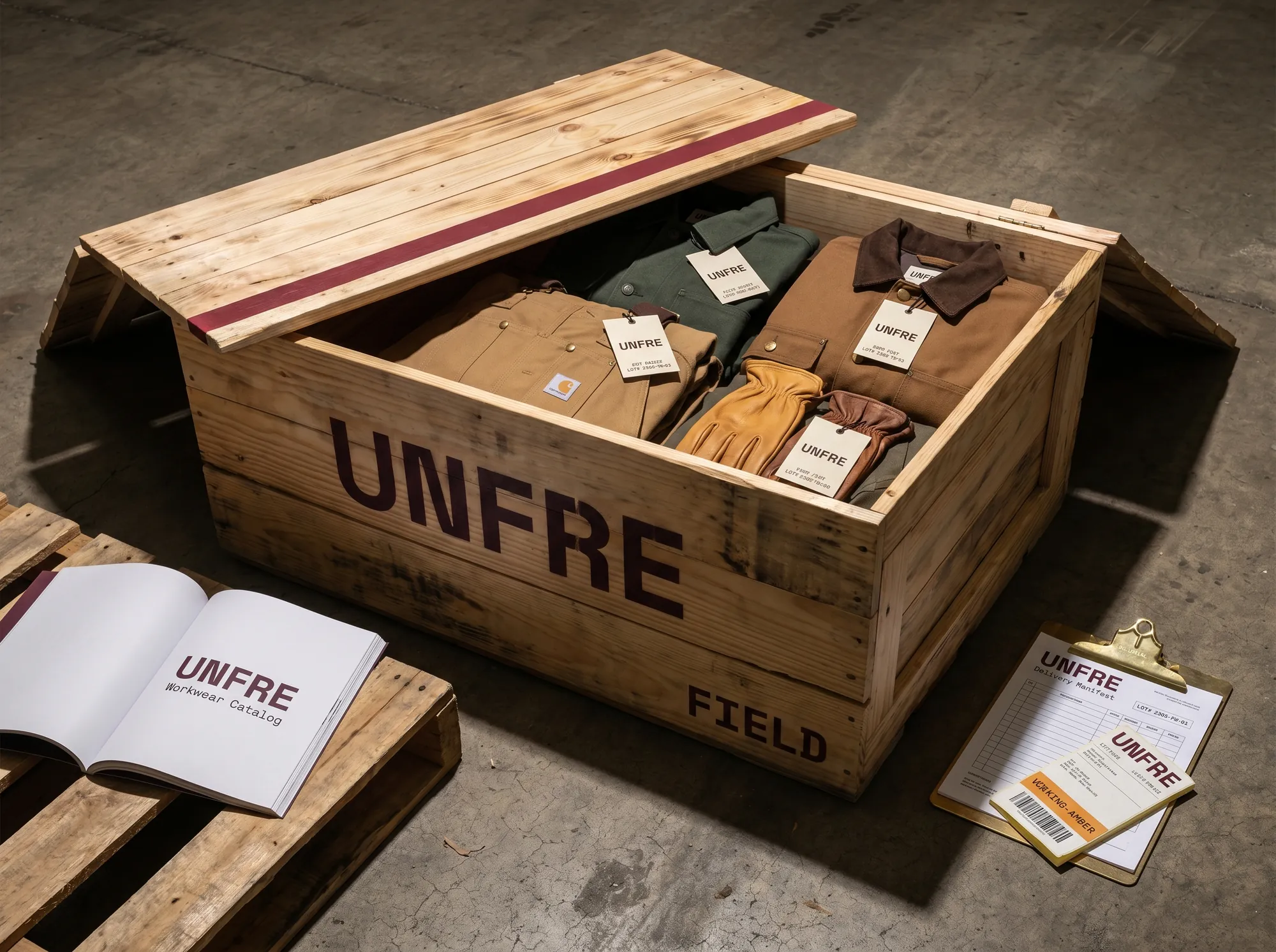 Unfre Field Crate (Packaging) — A heat-treated pine barn-delivery crate — wordmark stenciled in deep charcoal, claret stripe along the lid, lot code in JetBrains Mono.