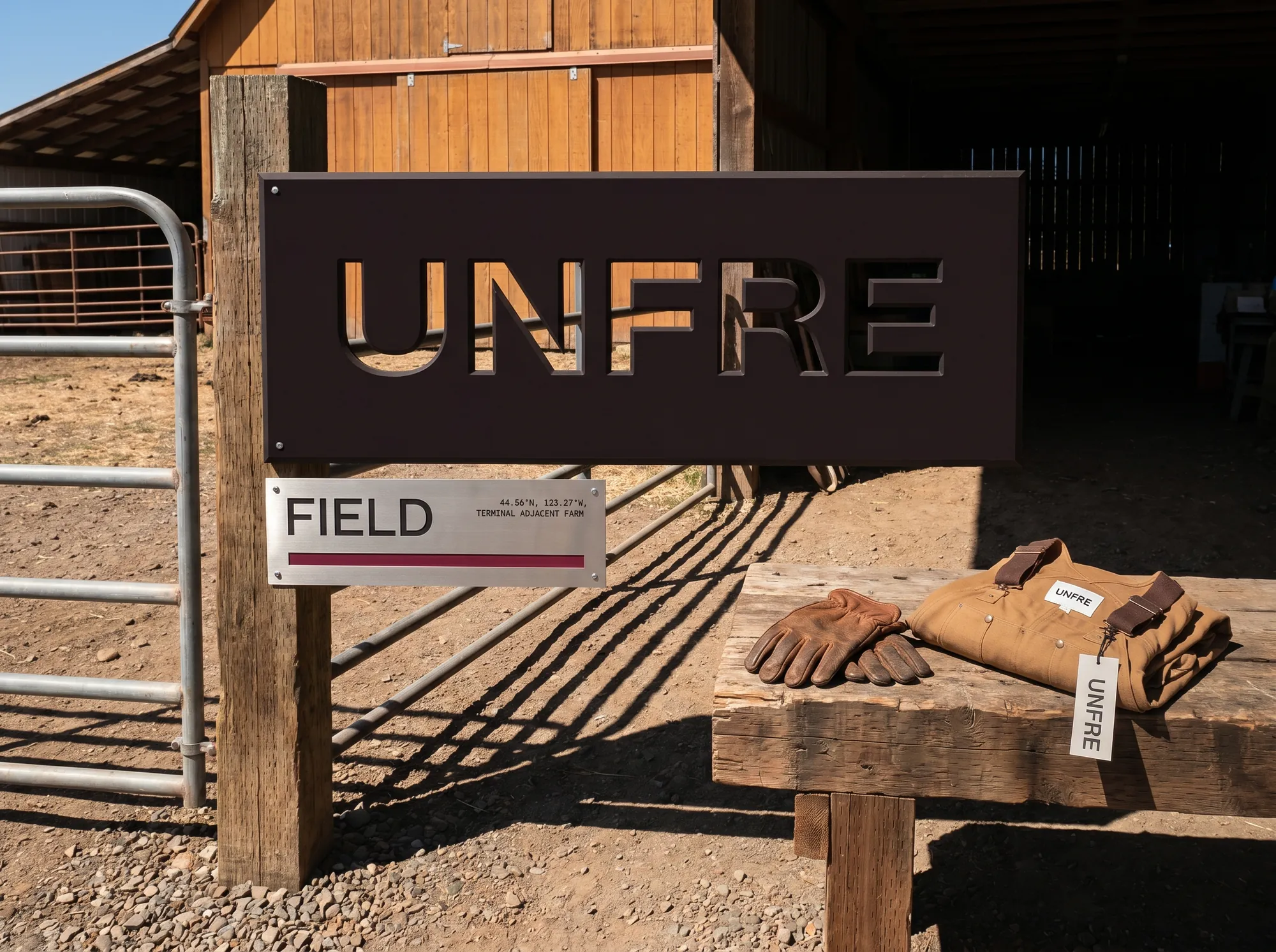 Unfre Field Gate (Signage) — The farm-gate site sign — routed UNFRE wordmark in painted MDF on a working-amber barn backdrop, address on a brushed-stainless plate.