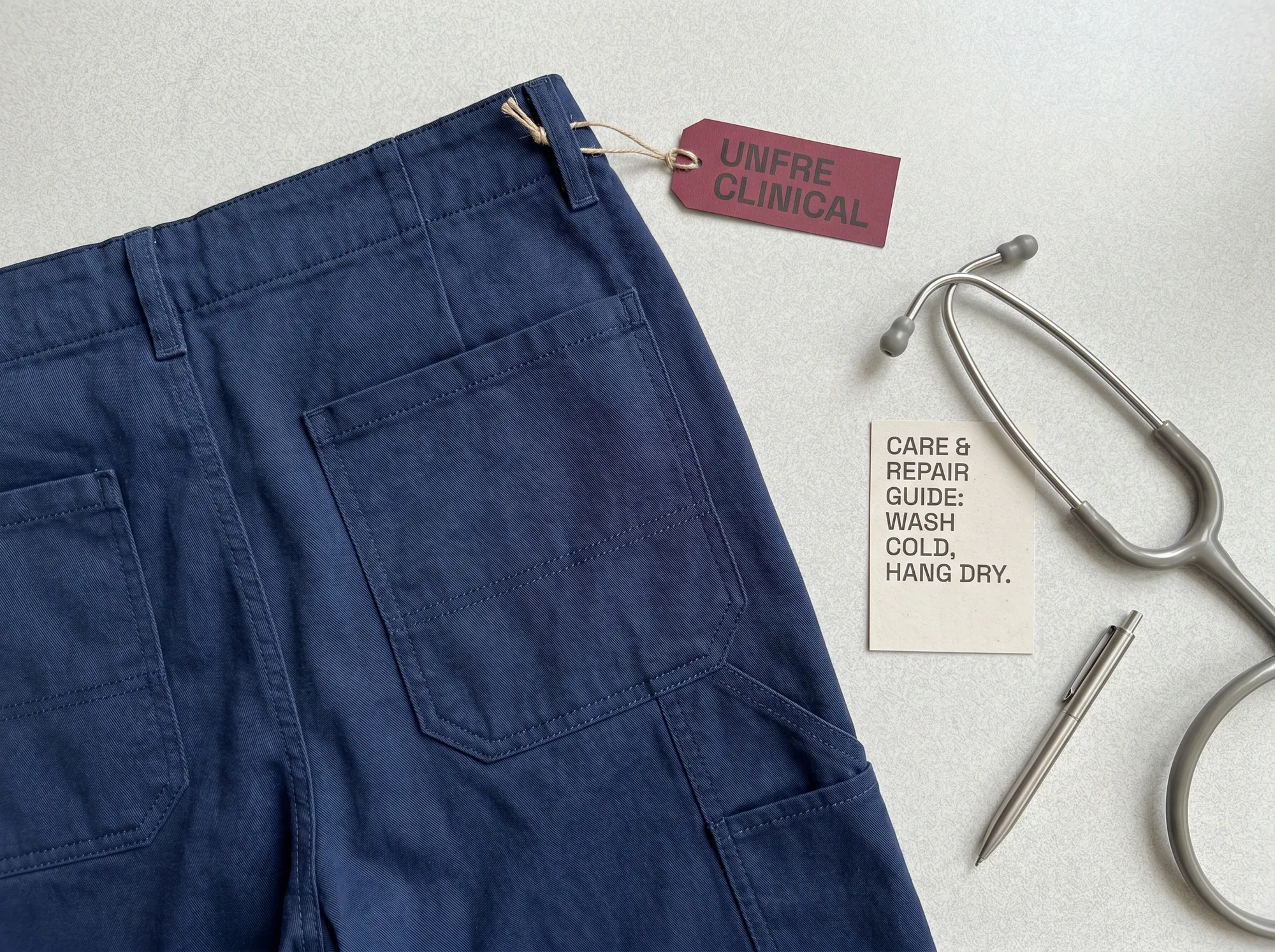 Unfre Clinical Pant (Healthcare & Hospital Workwear) — A heavyweight working scrub pant with reinforced knee, seat, and waistband, six working pockets, and a repair voucher attached.