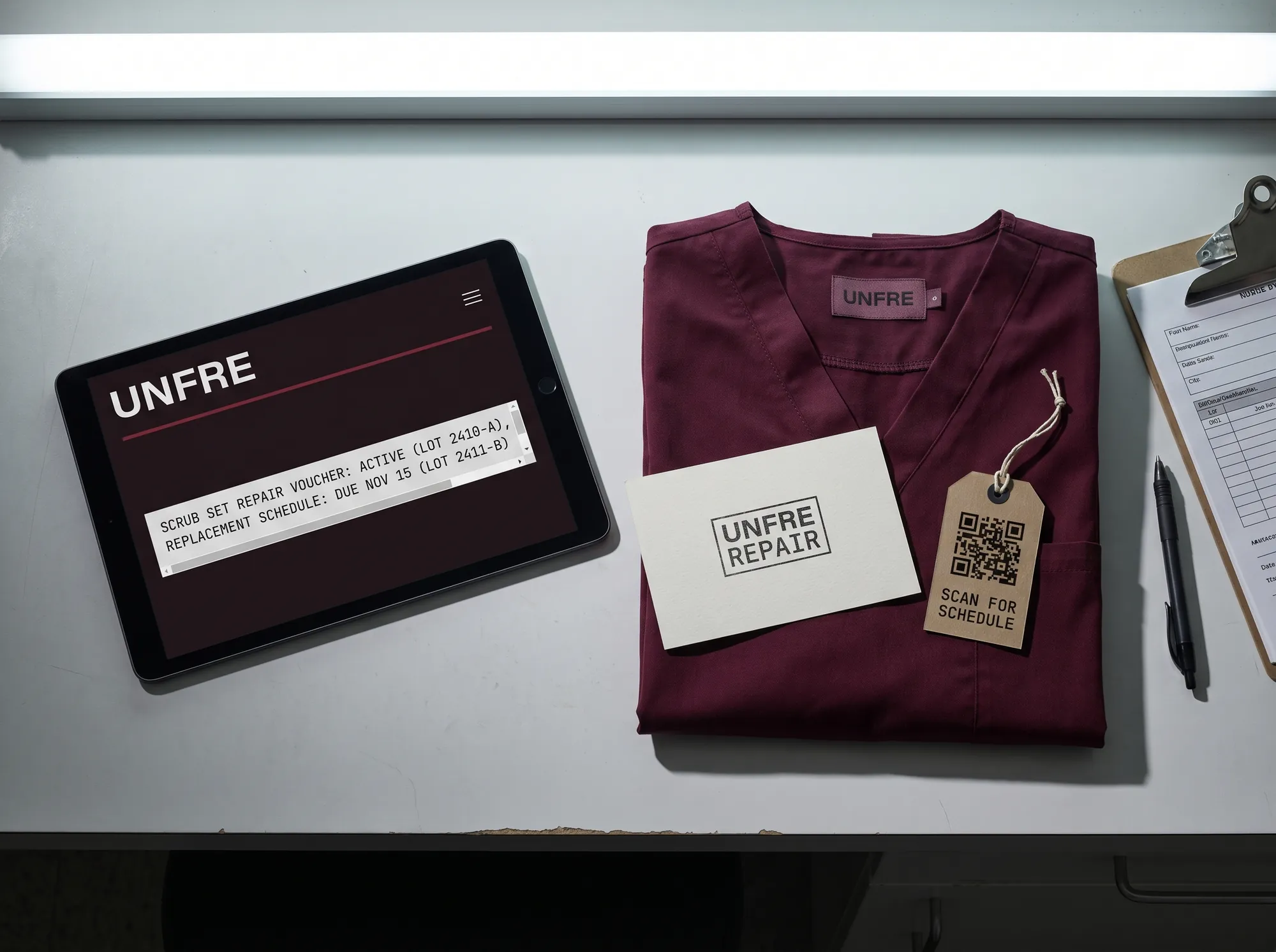 Unfre Clinical Roster (Healthcare & Hospital Workwear) — A digital uniform-and-repair portal for the working clinician — scrub-set lot codes, repair-voucher status, and the next replacement cycle.