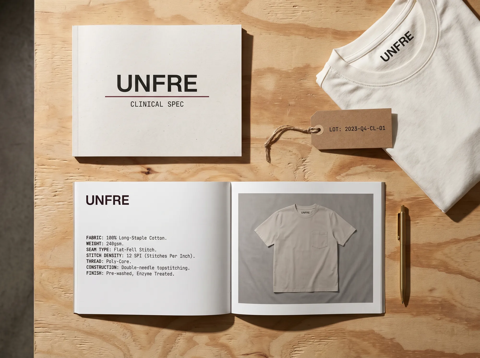 Unfre Clinical Spec (Healthcare & Hospital Workwear) — A perfect-bound printed spec sheet for the clinical line — fabric weights, seam types, stitch densities, set in JetBrains Mono.