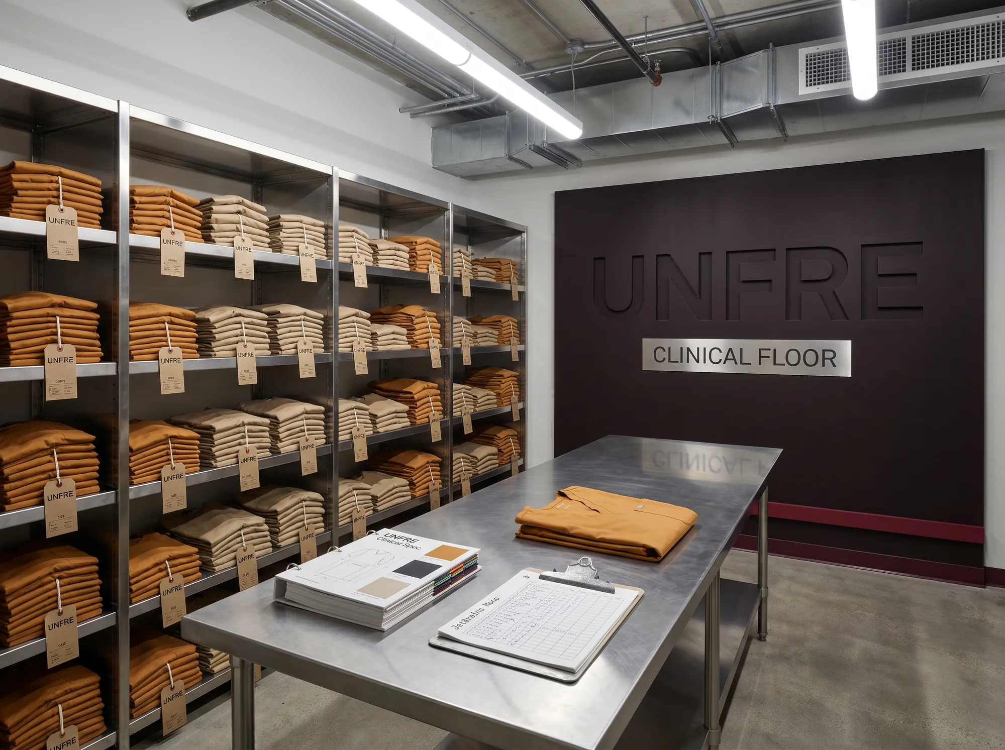 Unfre Clinical Floor (Healthcare & Hospital Workwear) — The hospital uniform-distribution-room signage and shelving — folded scrubs in lots, the wordmark routed into a deep-charcoal panel above the counter.