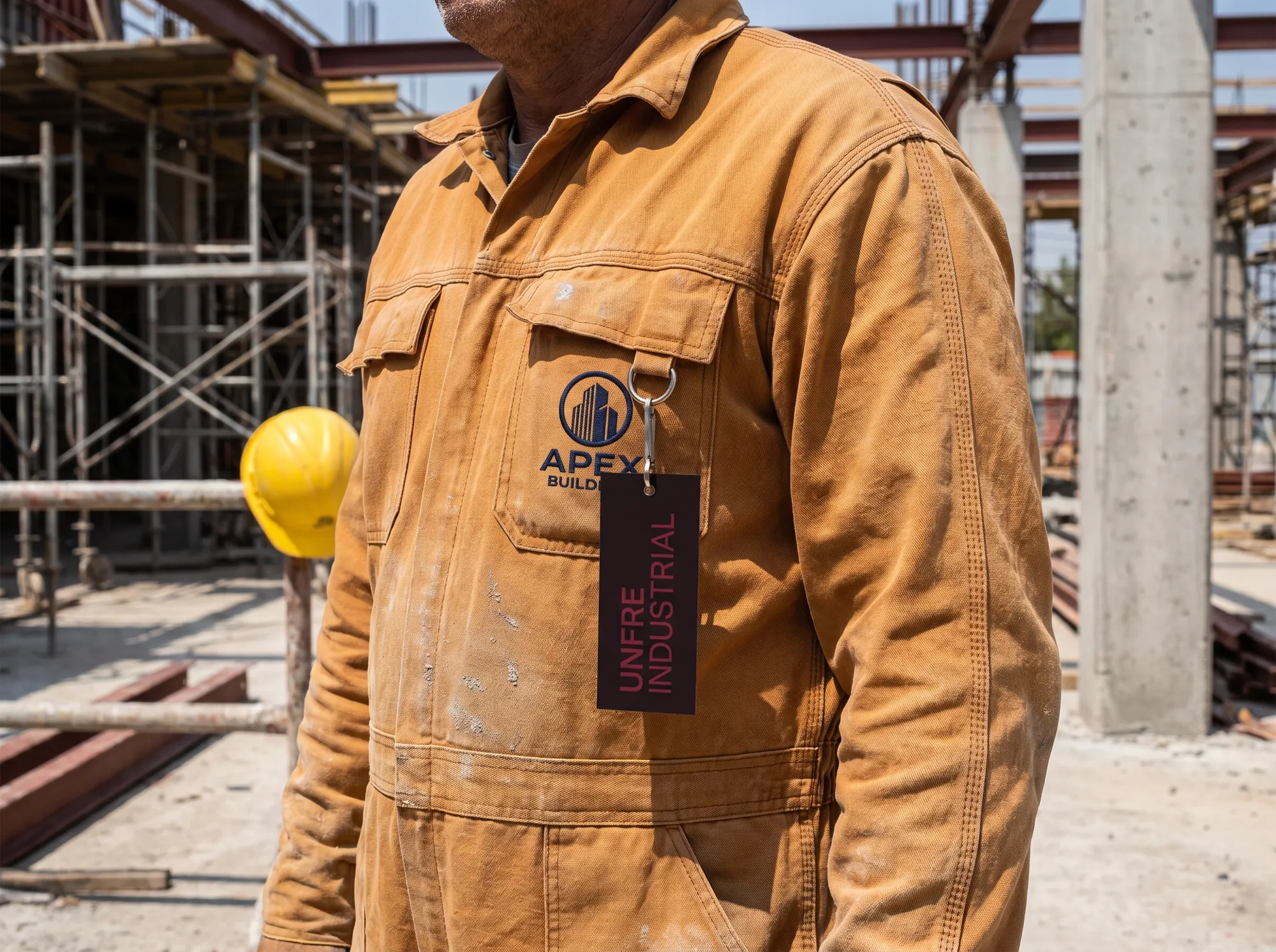 Unfre Industrial Coverall (Industrial & Trade B2B Wholesale) — A bulk-priced industrial coverall identical in construction to the trade line, with embroidered customer logo and the institutional repair voucher.