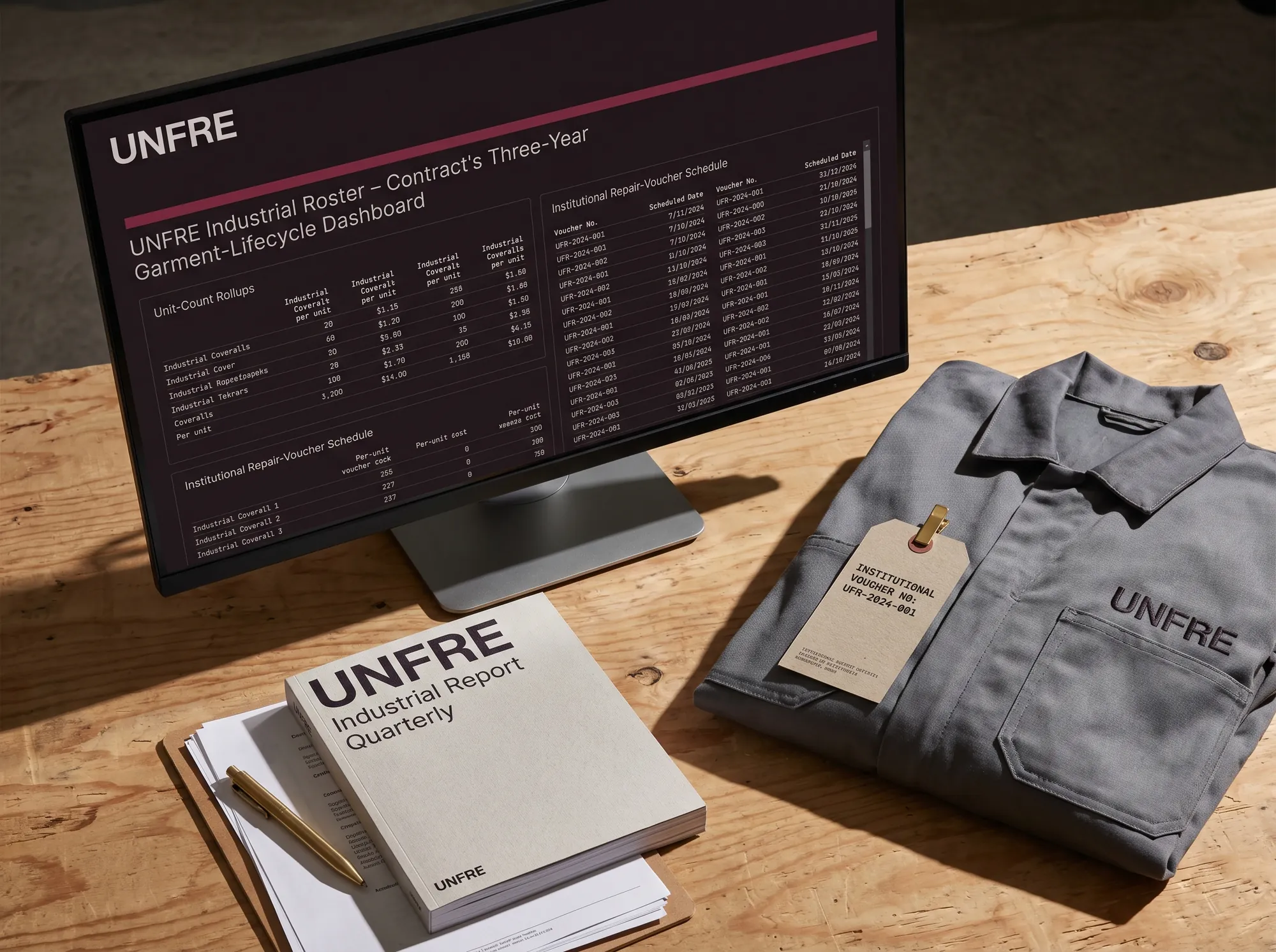 Unfre Industrial Roster (Industrial & Trade B2B Wholesale) — A procurement-officer dashboard — three-year garment-lifecycle metrics, unit-count rollups, institutional voucher schedule.