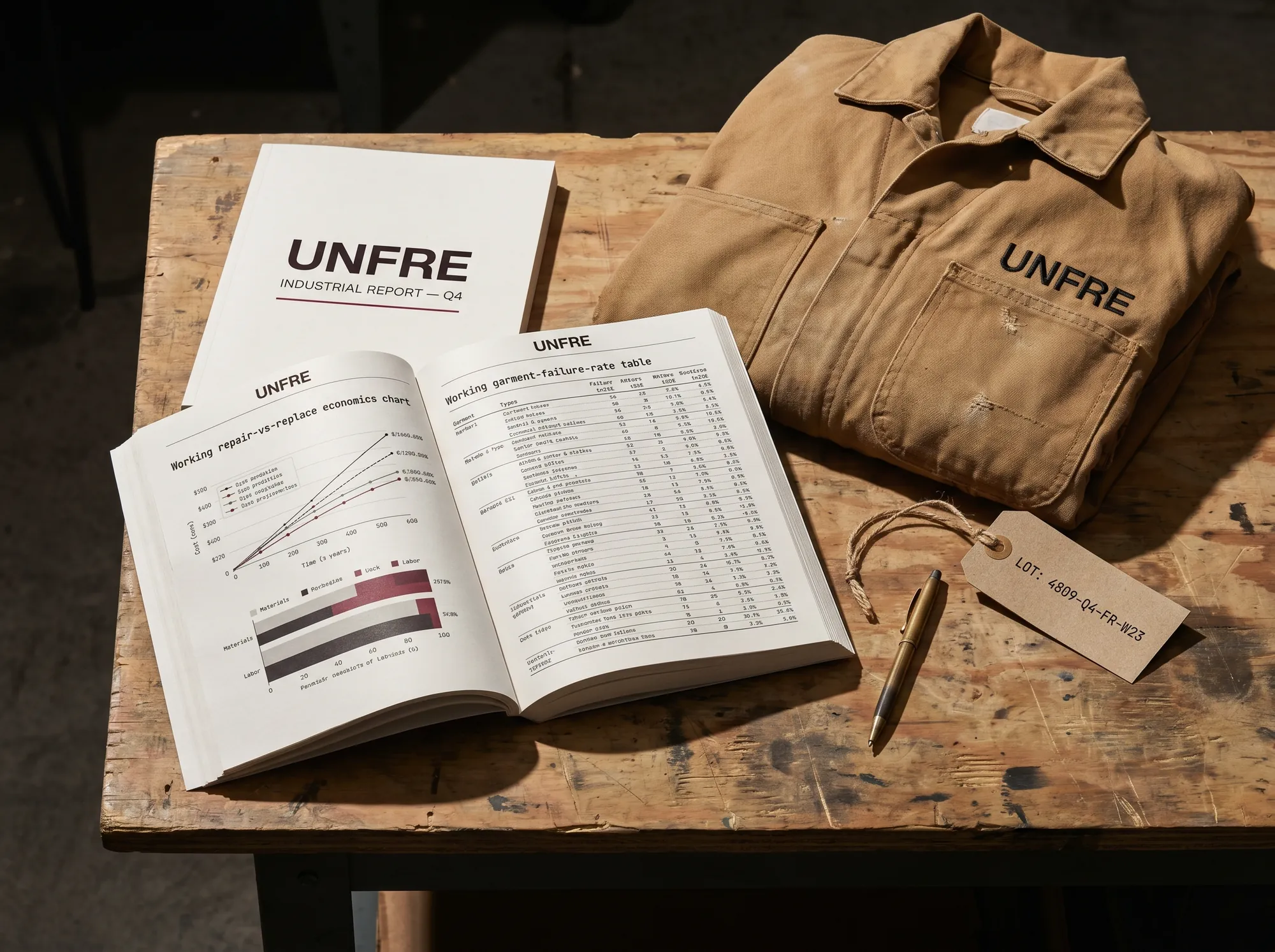 Unfre Industrial Report (Industrial & Trade B2B Wholesale) — A perfect-bound quarterly garment-lifecycle report — failure rates by line, repair-vs-replace economics, lot codes in JetBrains Mono.
