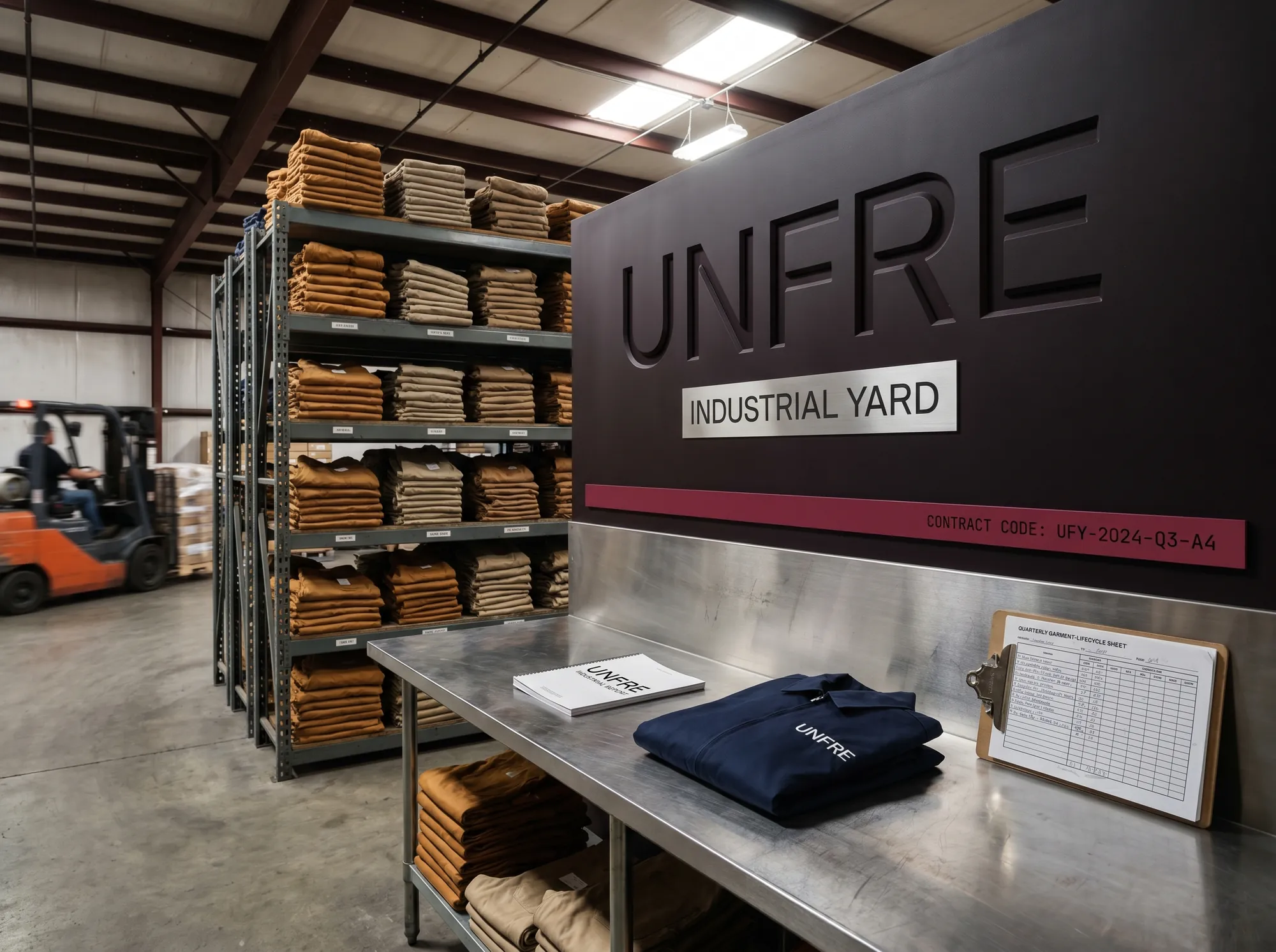 Unfre Industrial Yard (Industrial & Trade B2B Wholesale) — The uniform-program warehouse signage and distribution counter — cut painted-MDF wordmark above the stainless intake, steel shelving stacks behind.