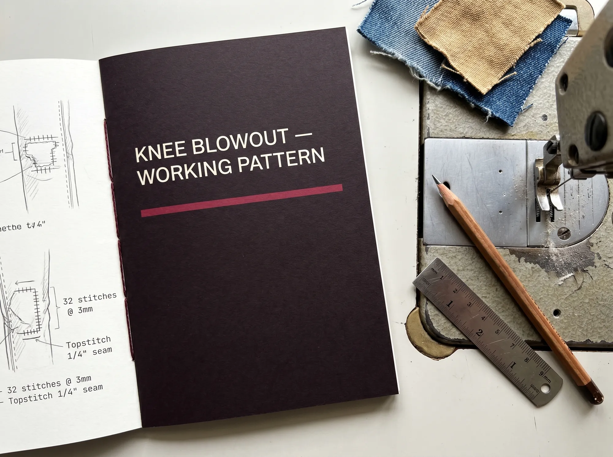 Unfre Repair Pattern Booklet (Repair Culture & Anti-Disposability Editorial) — A pattern booklet for a specific working repair — knee blowout, seam split, pocket tear — with working diagrams, fabric specifications, and stitch-count notes.