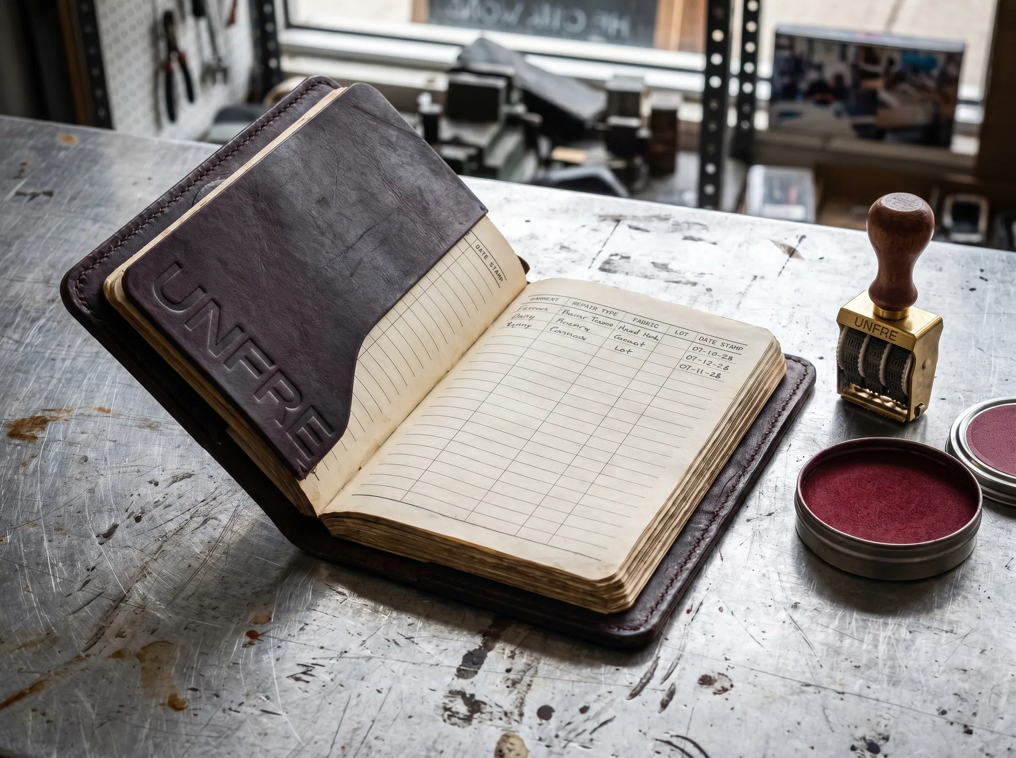 Unfre Repair Journal (Repair Culture & Anti-Disposability Editorial) — A leather-bound working journal sized for the storefront repair counter, with pre-printed columns for garment, repair type, fabric, lot, and date stamp.