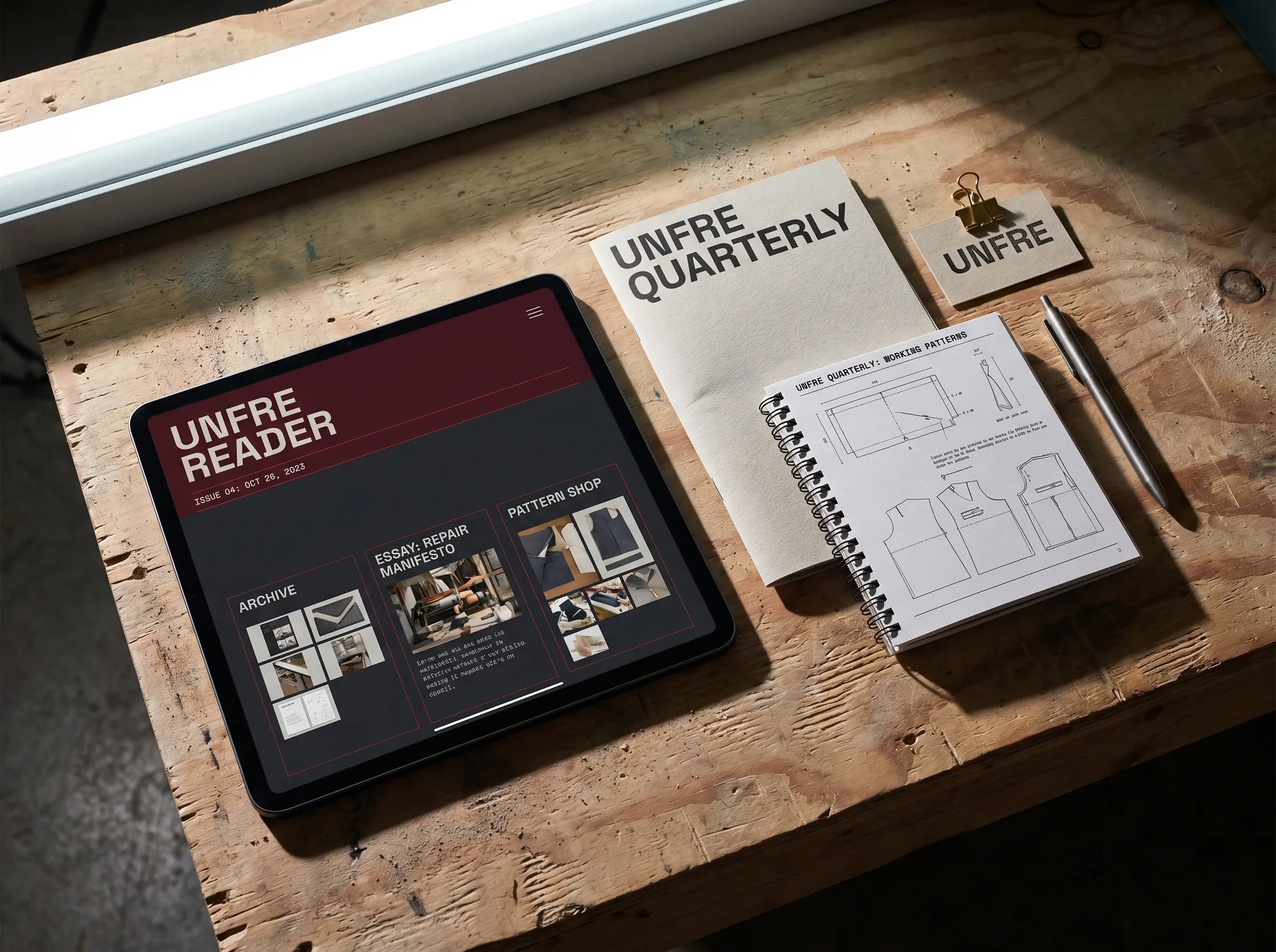 Unfre Reader (Repair Culture & Anti-Disposability Editorial) — A digital subscriber portal for Unfre Quarterly — back-issue archive, repair-essay reading, working pattern-booklet shop.