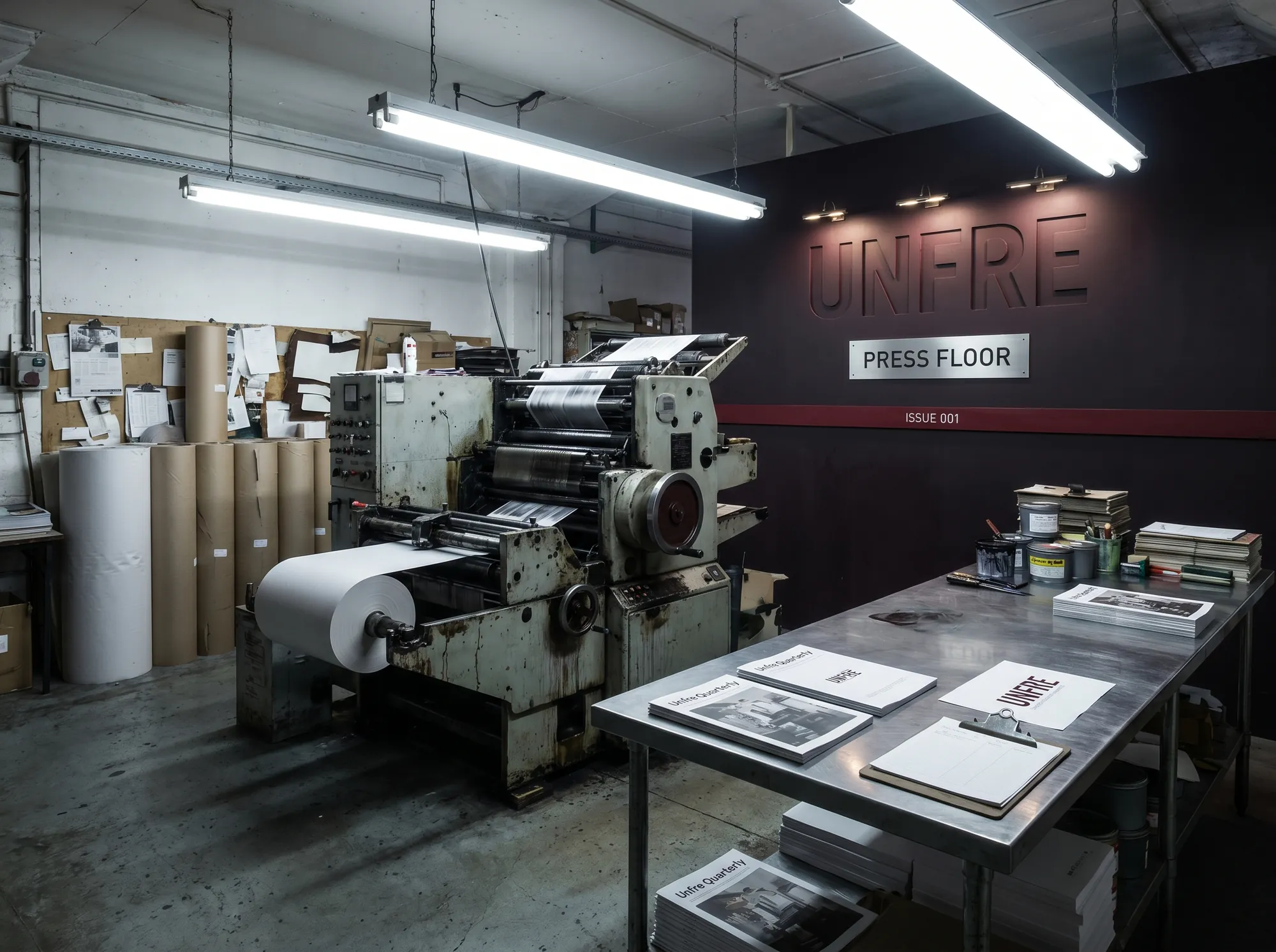 Unfre Press Floor (Repair Culture & Anti-Disposability Editorial) — The working print-press signage — cut painted-MDF wordmark above the inking table, vintage web press behind, issue date on a brushed-stainless plate.