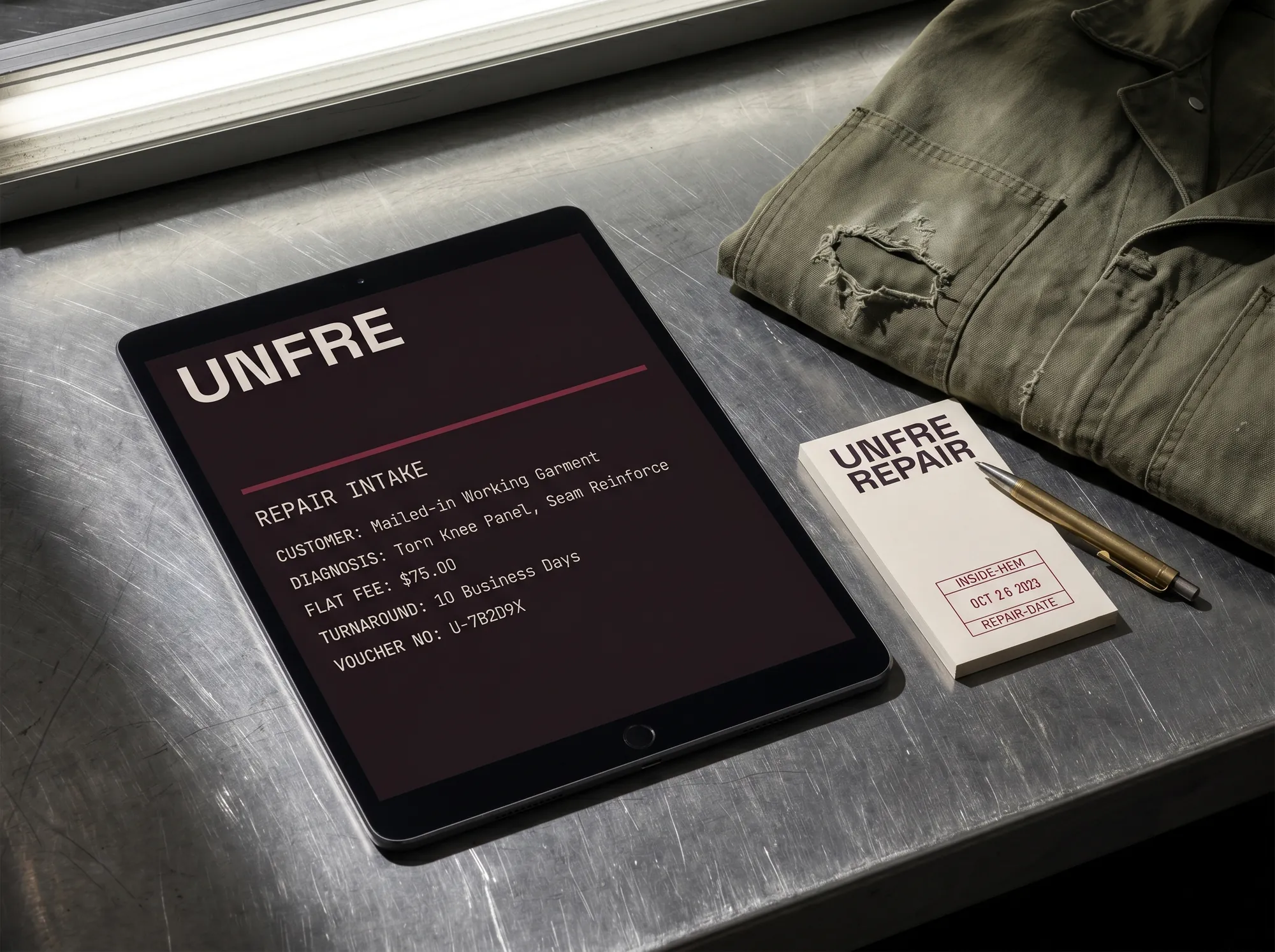 Unfre Repair Intake (Repair-First Mending Service) — A digital repair-intake portal — diagnosis form, per-repair flat fee, turnaround date, and the voucher-number lookup.