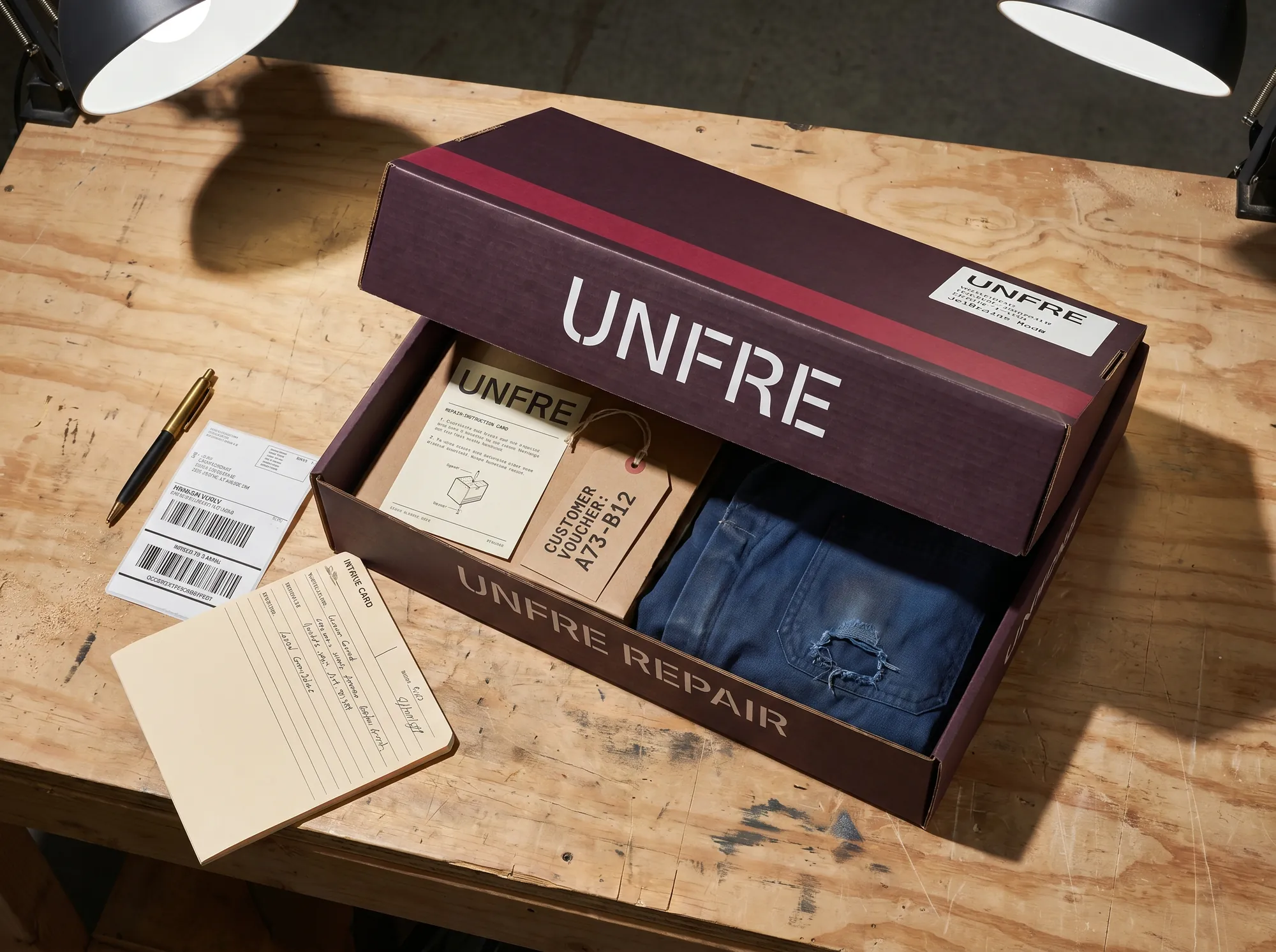 Unfre Repair Box (Repair-First Mending Service) — A return-shipping repair carton in deep-charcoal corrugate — wordmark stenciled in white, claret stripe along the lid edge, return label set in JetBrains Mono.
