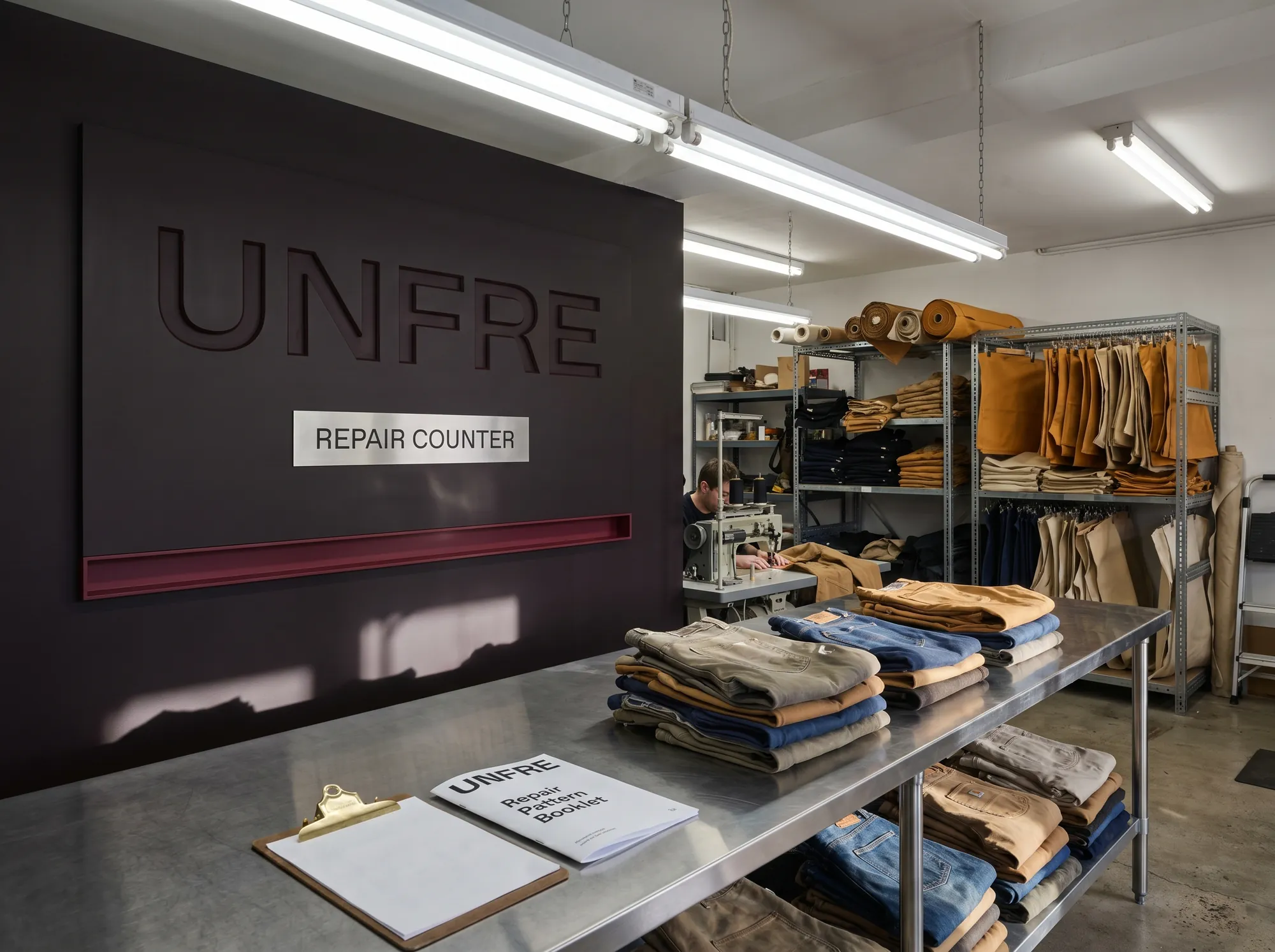Unfre Repair Counter (Repair-First Mending Service) — The working repair-counter interior — sewing machine, replacement-panel racks, the wordmark routed into a deep-charcoal panel above the sewing station.