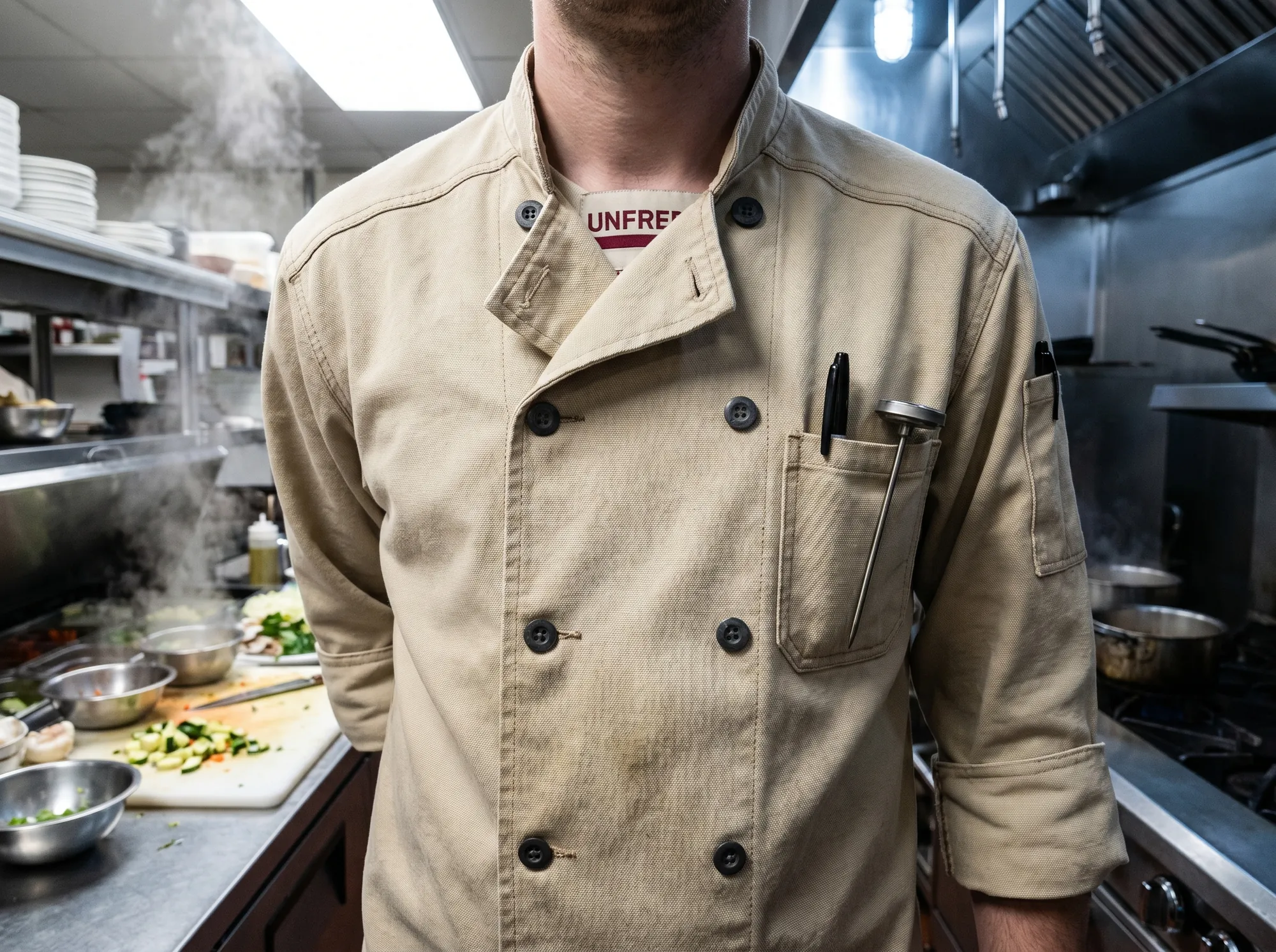Unfre Line Coat (Restaurant & Kitchen Workwear) — A heavyweight cotton chef coat with reinforced seams, double-row buttons, and pocket placement specified with working line cooks.