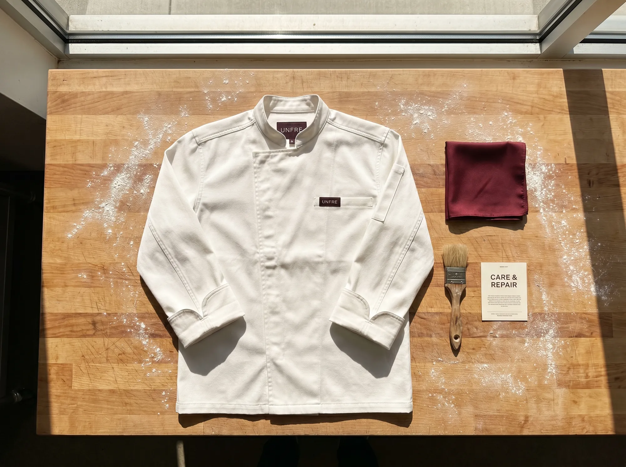 Unfre Pastry Coat (Restaurant & Kitchen Workwear) — A pastry-cut chef coat in light cotton with flour-wash-tested cuffs, reinforced shoulder seams, and a repair voucher.