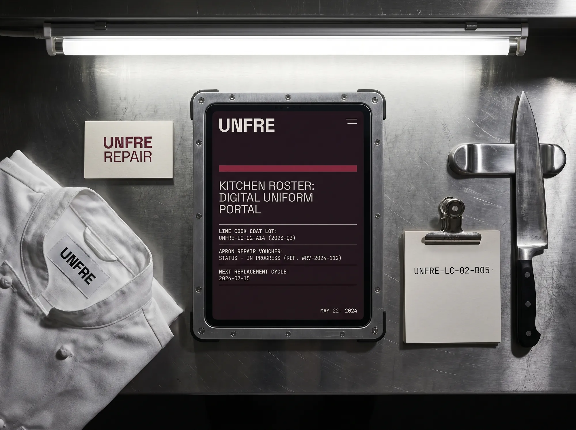 Unfre Kitchen Roster (Restaurant & Kitchen Workwear) — A digital kitchen-uniform portal — coat and apron lot codes, repair-voucher status, replacement schedule, mounted on the working pass.
