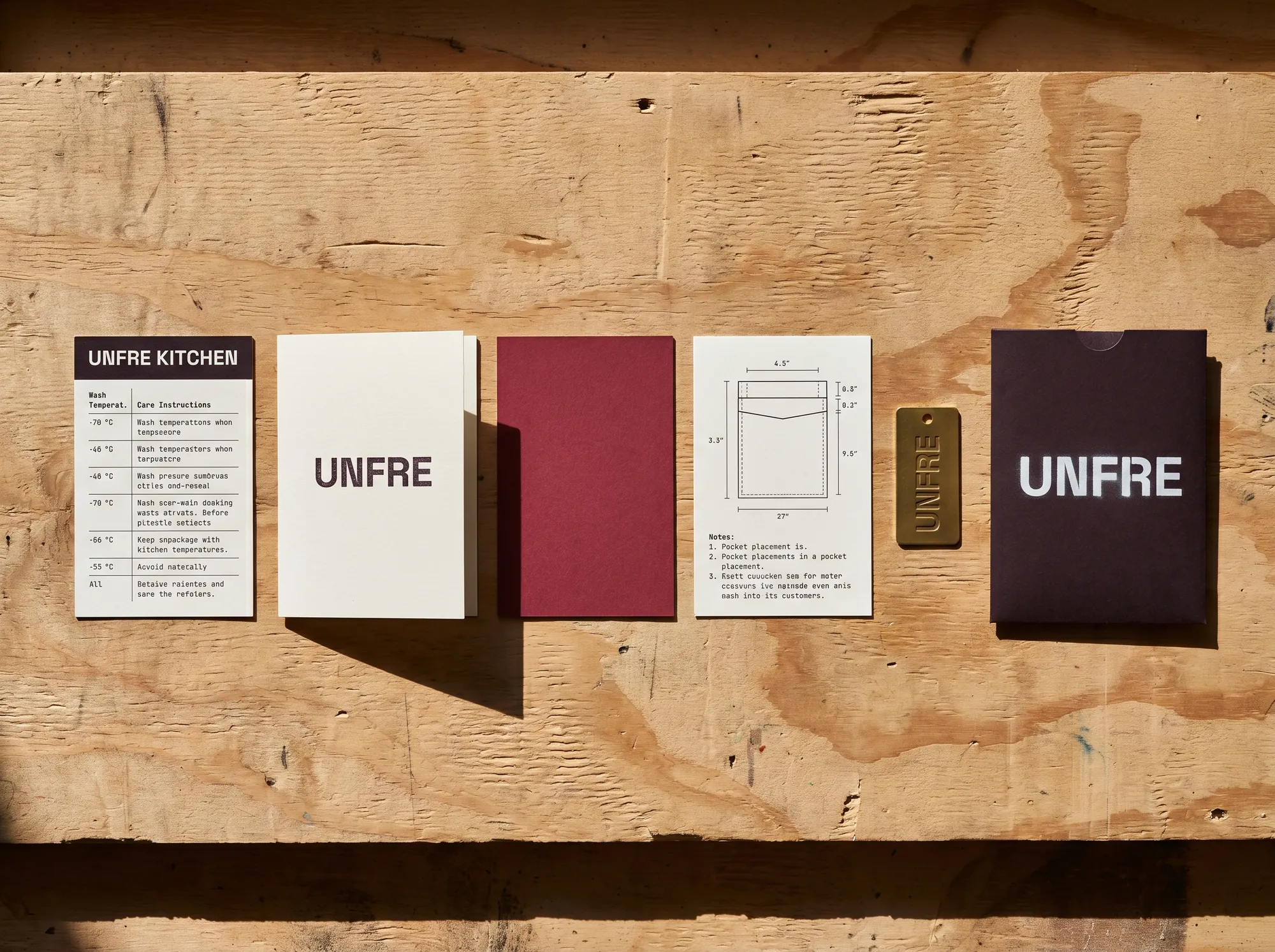 Unfre Kitchen Cards (Restaurant & Kitchen Workwear) — A boxed care-and-repair card set for the working kitchen — flour-wash schedule, apron-strap replacement, working pocket-placement diagrams.
