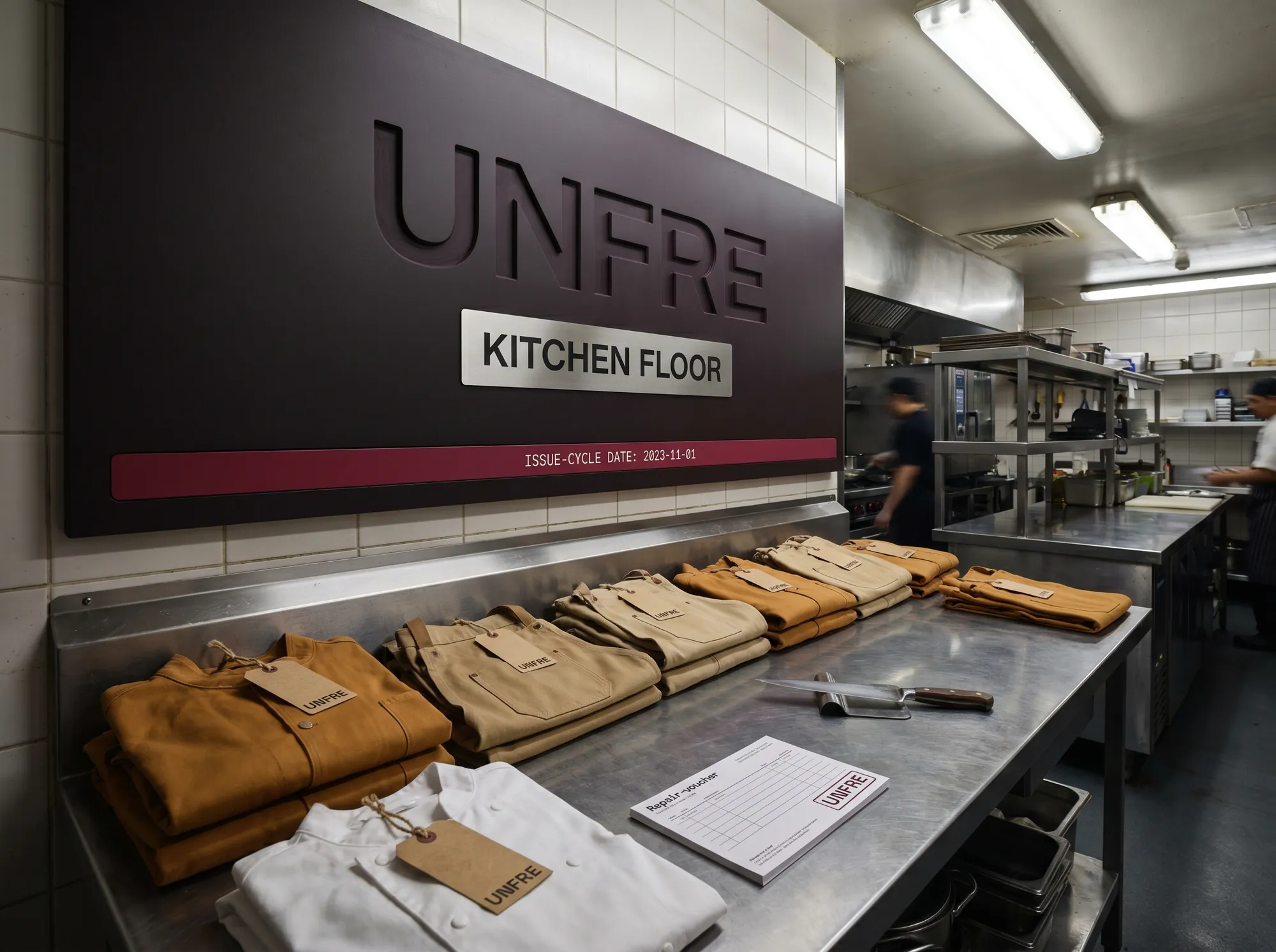 Unfre Kitchen Floor (Restaurant & Kitchen Workwear) — The working kitchen uniform-issue station signage — cut painted-MDF wordmark above a stainless intake counter, working amber stacks beneath.