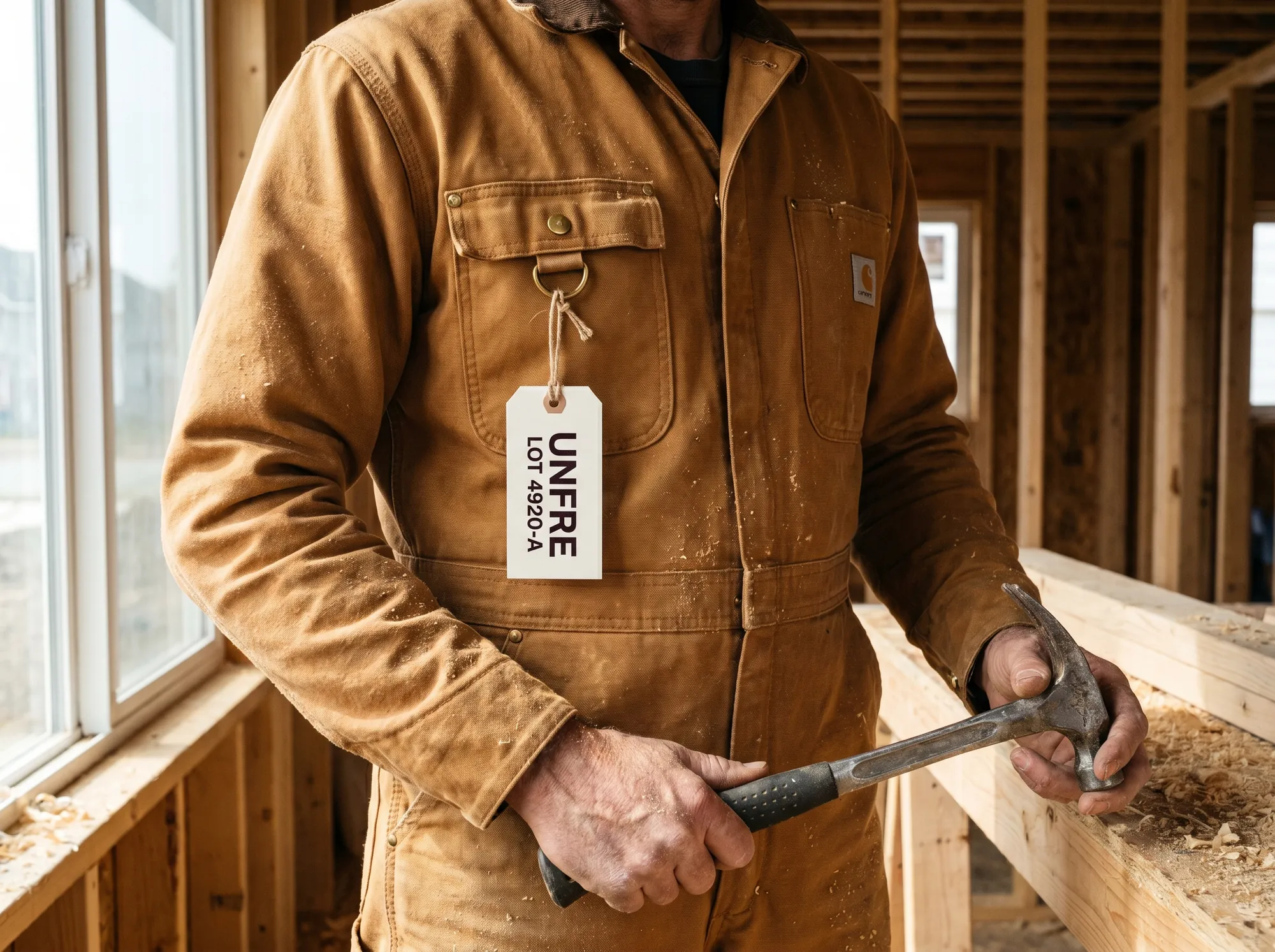 Unfre Trade Coverall (Trade & Working-Apparel) — A 10-ounce amber-tinted cotton-canvas coverall with double-needle seams everywhere, triple-needle at stress points, bartacked pockets, and a lifetime repair voucher attached at purchase.