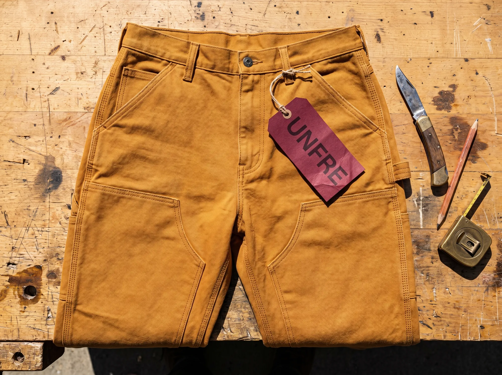 Unfre Working Pant (Trade & Working-Apparel) — A heavy cotton-canvas working pant in natural duck or working amber, with reinforced knees and seat, eight pockets, and the same lifetime repair voucher.