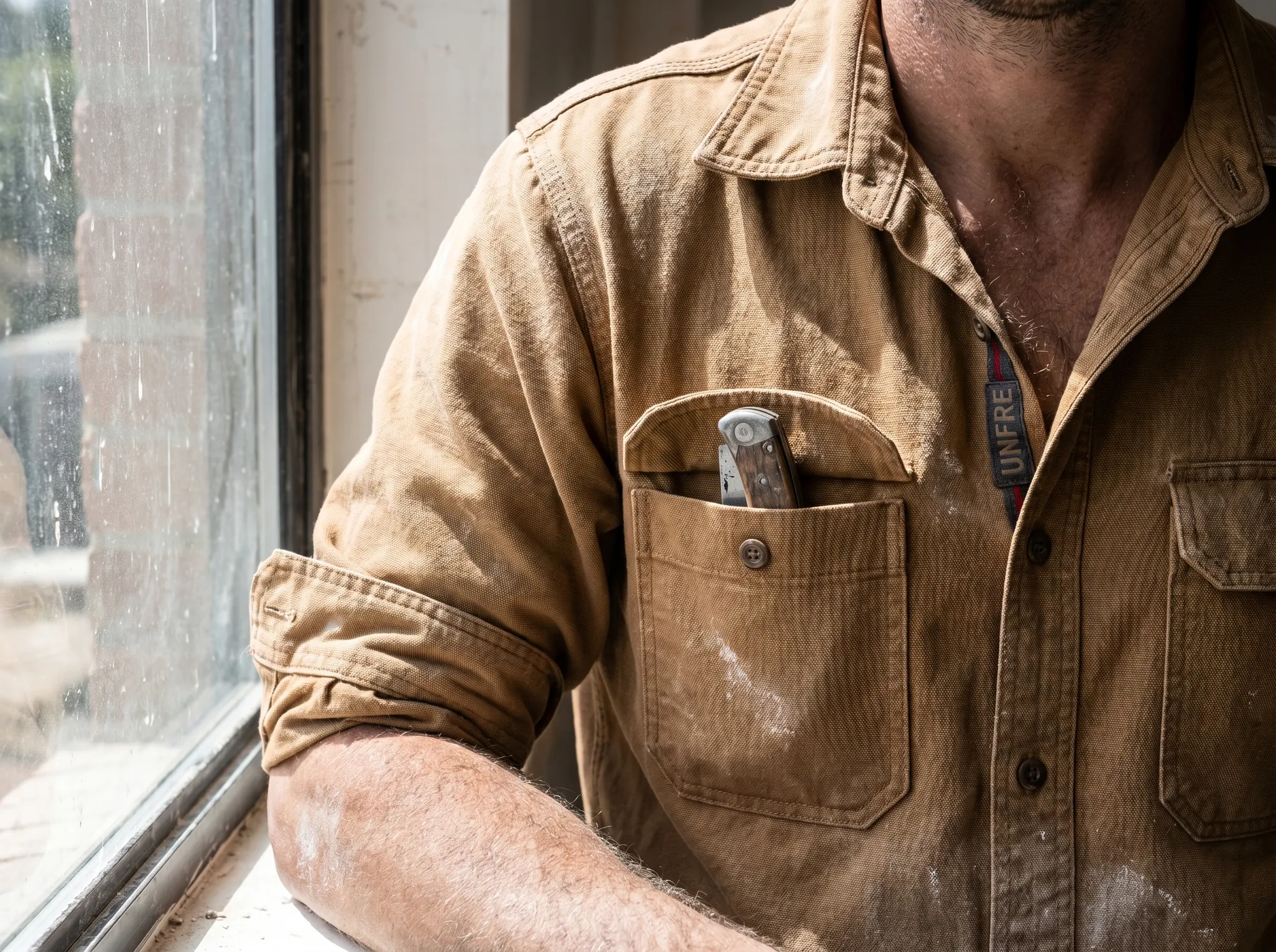Unfre Work Shirt (Trade & Working-Apparel) — A long-sleeve cotton work shirt in chambray or twill with double-needle seams and a buttoned chest pocket sized for a folding knife.
