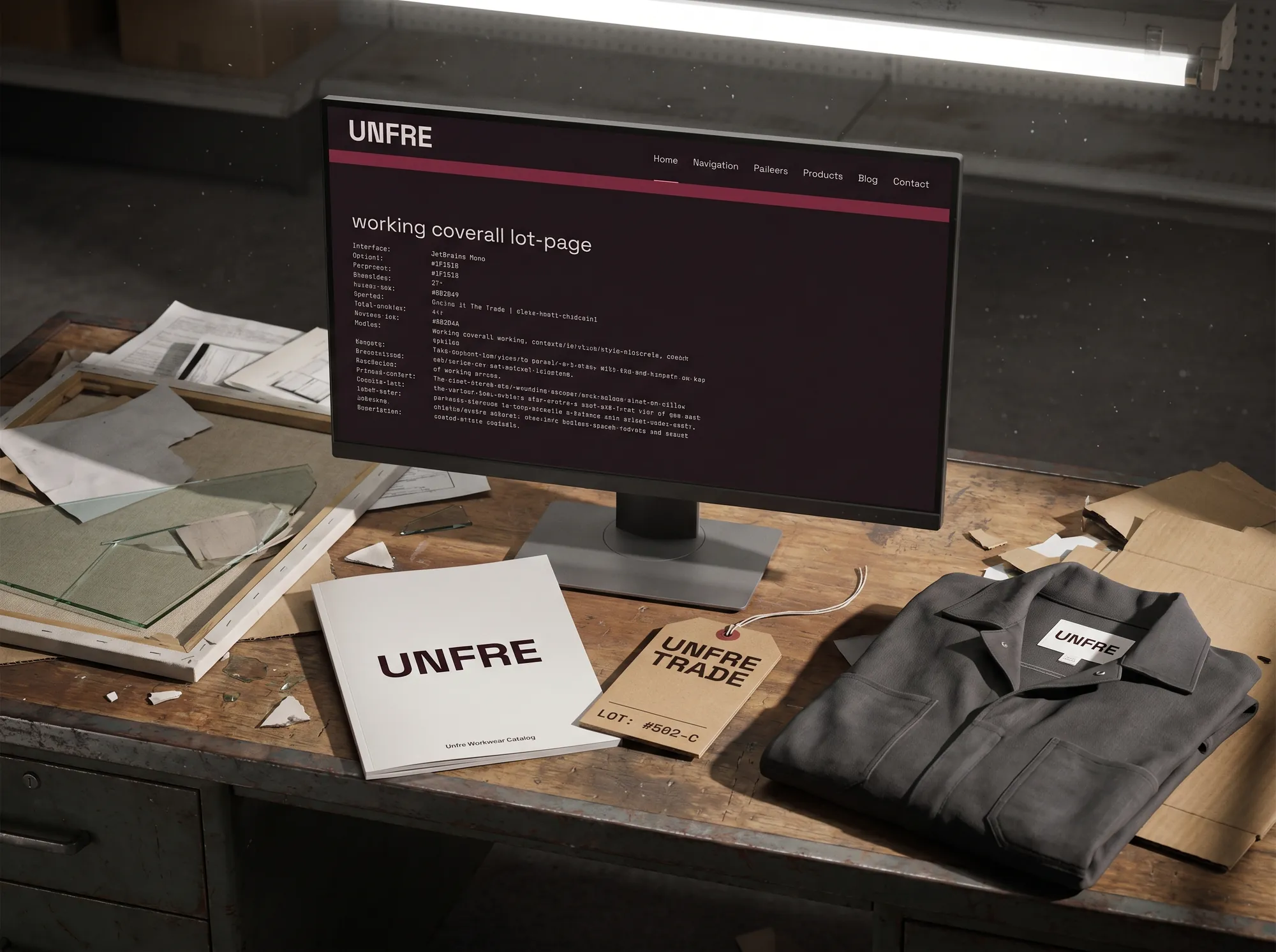 Unfre Site (Trade & Working-Apparel) — The direct-to-tradesperson ordering site — coverall lots, hangtag terms, and repair-voucher lookup, in JetBrains Mono and Space Grotesk on a deep-charcoal field.