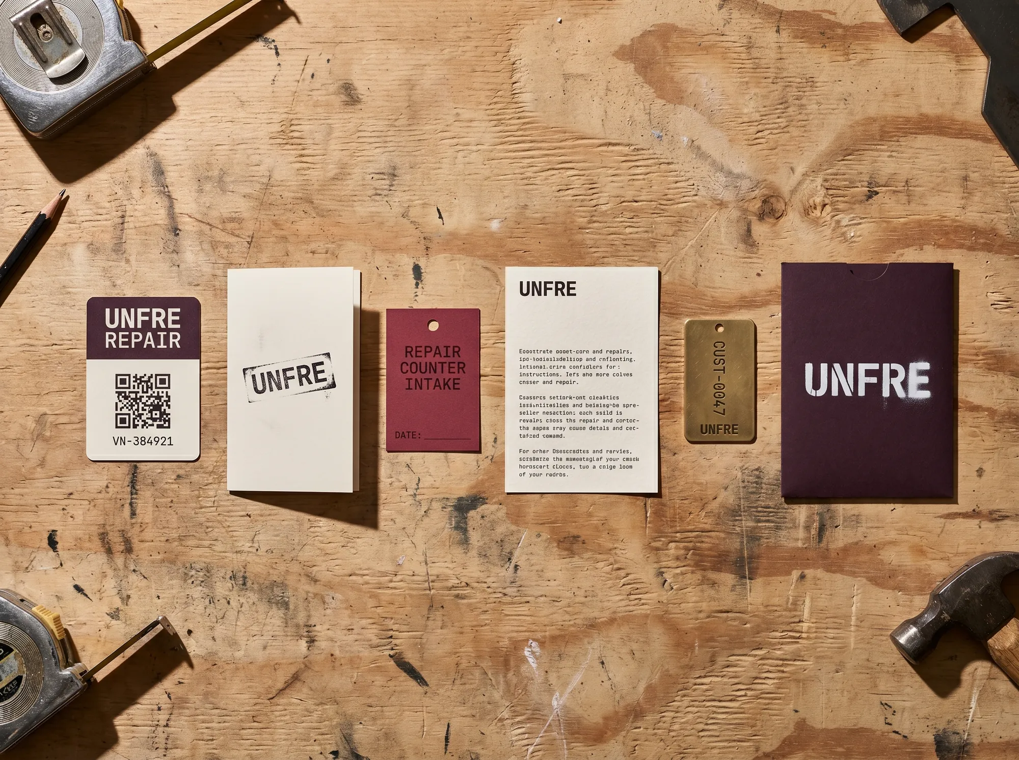 Unfre Voucher (Trade & Working-Apparel) — A boxed lifetime repair-voucher card set — wallet card, warranty terms, intake card, customer QR — issued at trade-account opening or as an aftermarket pickup.