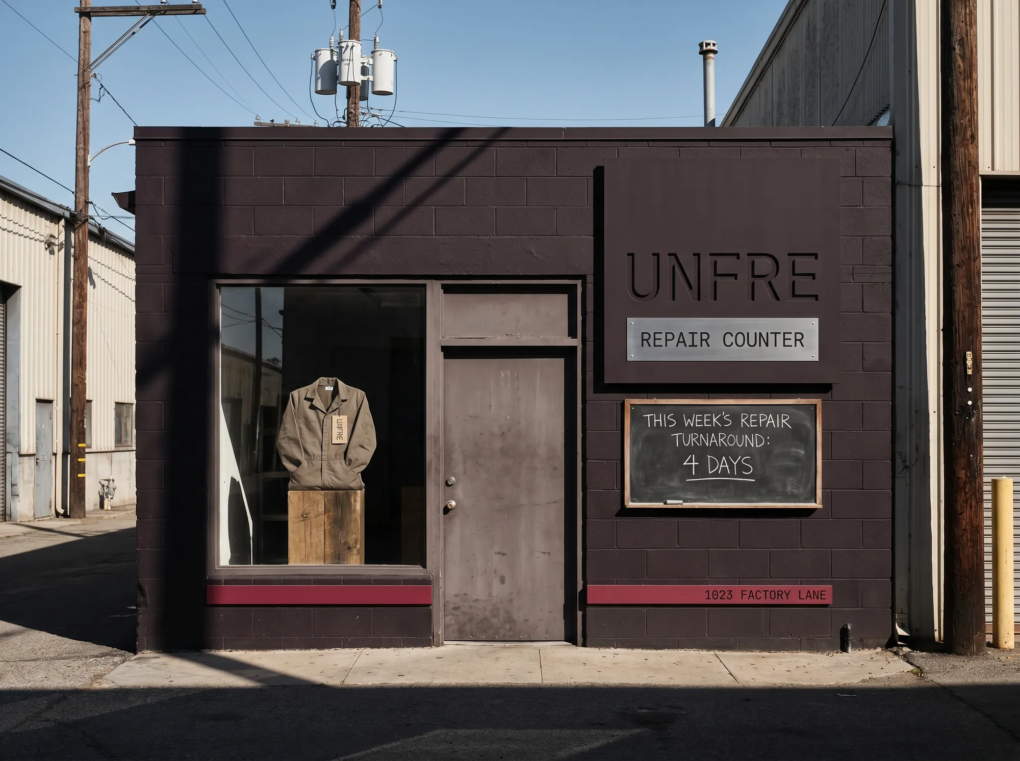 Unfre Storefront (Trade & Working-Apparel) — The repair-counter storefront sign — cut painted-MDF UNFRE wordmark on a deep-charcoal panel, the storefront address in JetBrains Mono on a brushed-stainless plate.